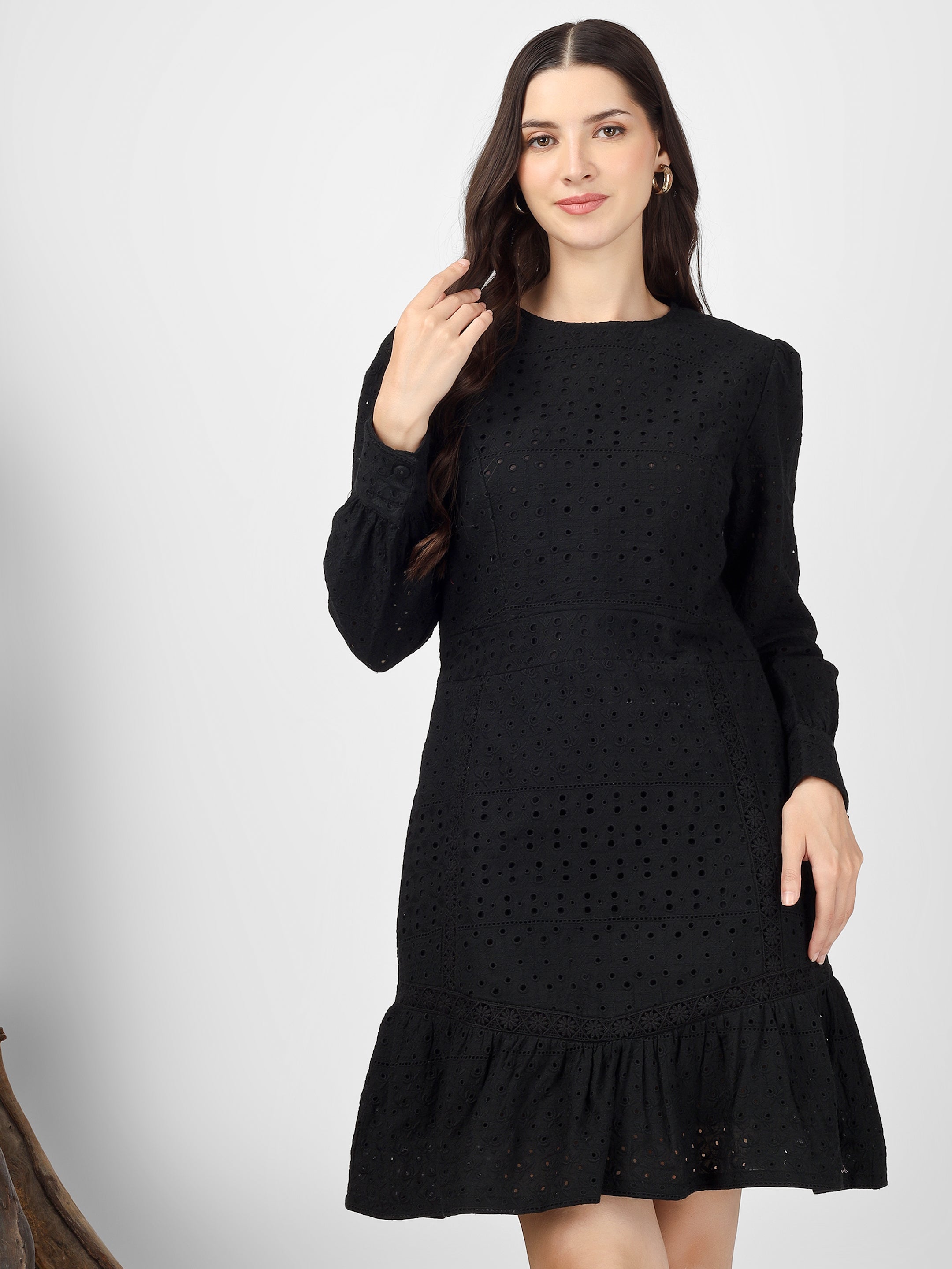 Black Embroidered Cotton Schiffli Dress
