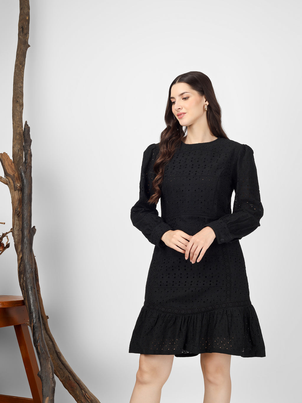 Black Embroidered Cotton Schiffli Dress