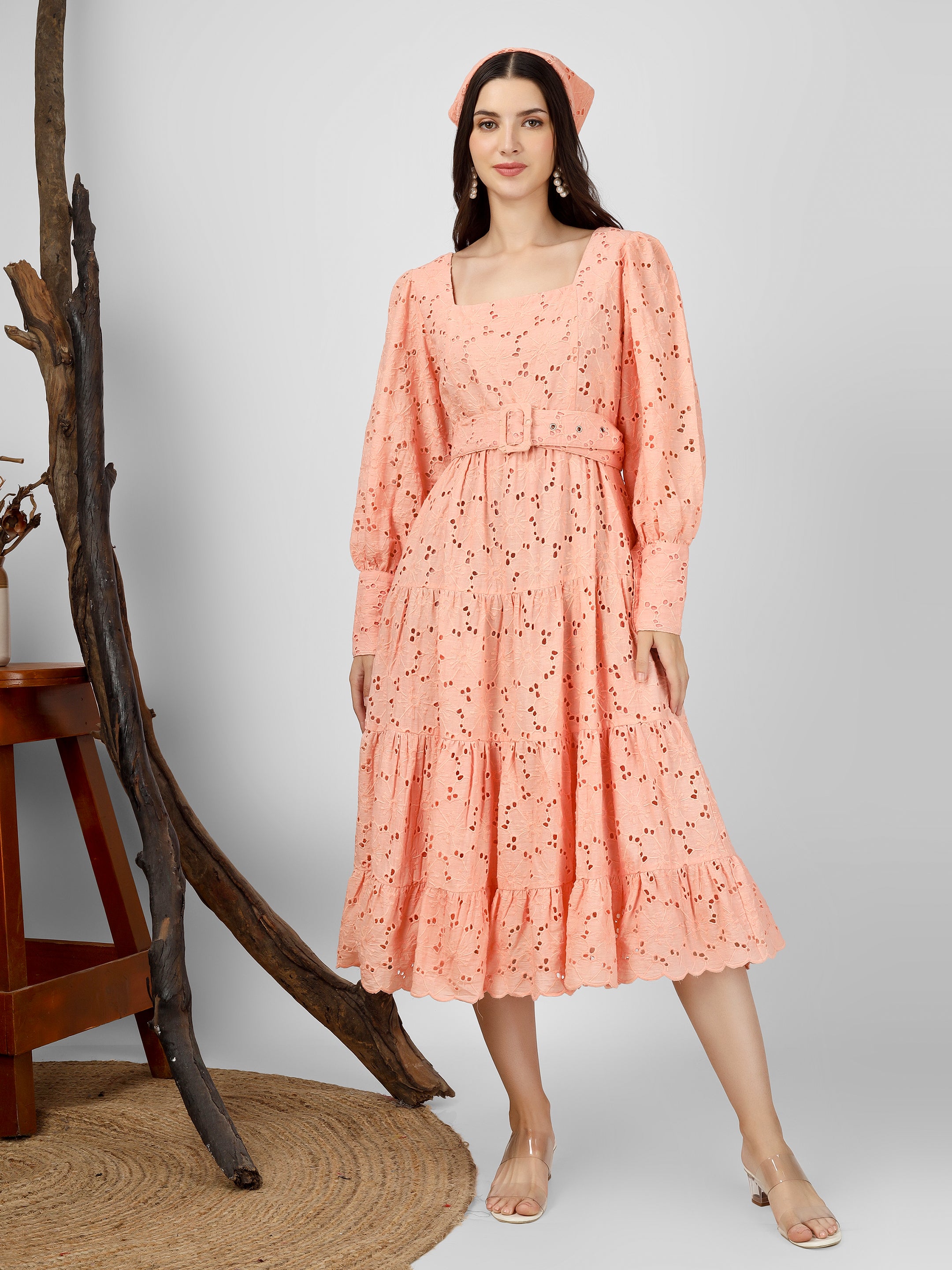 Peach Embroidered Cotton Schiffli Dress