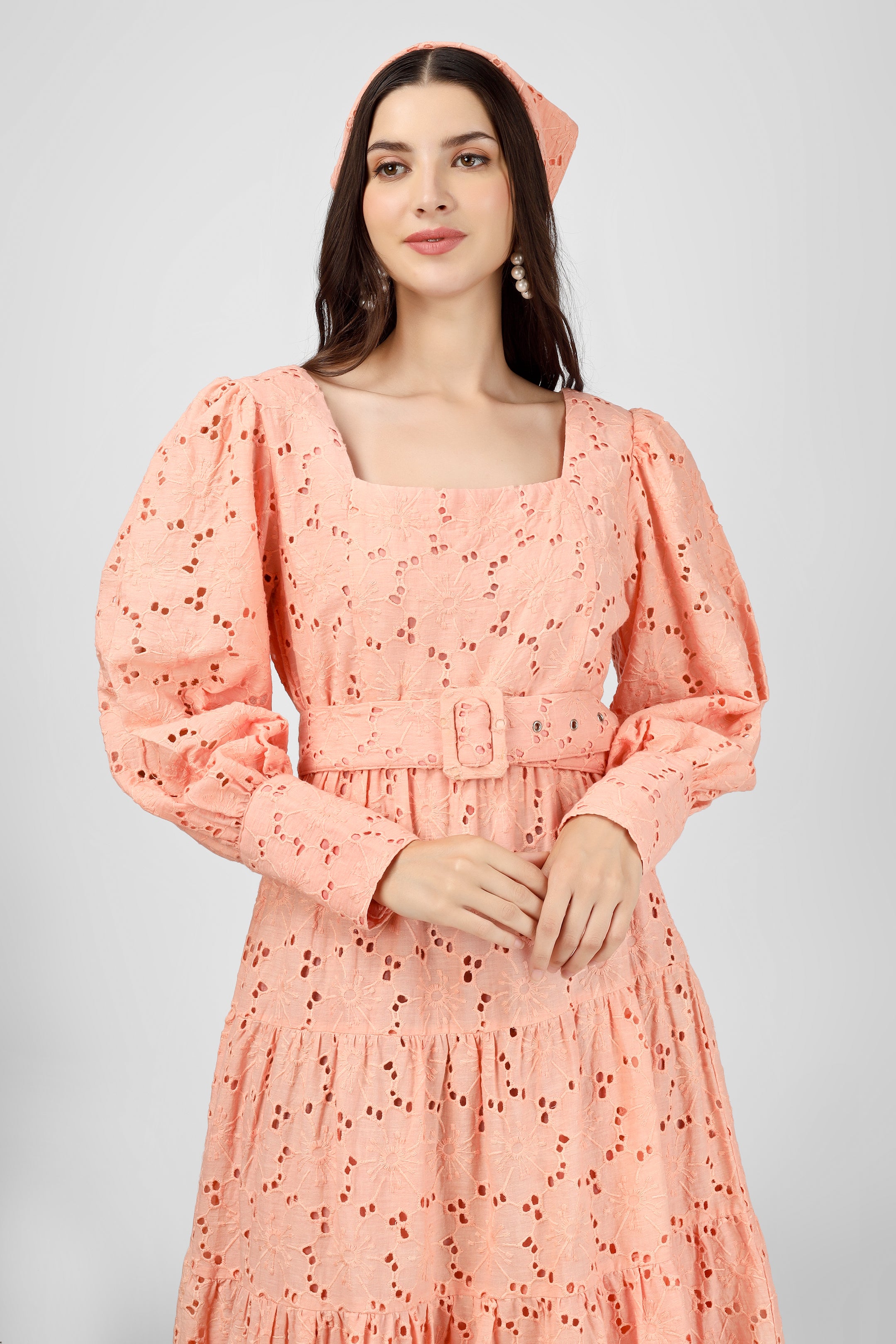 Peach Embroidered Cotton Schiffli Dress