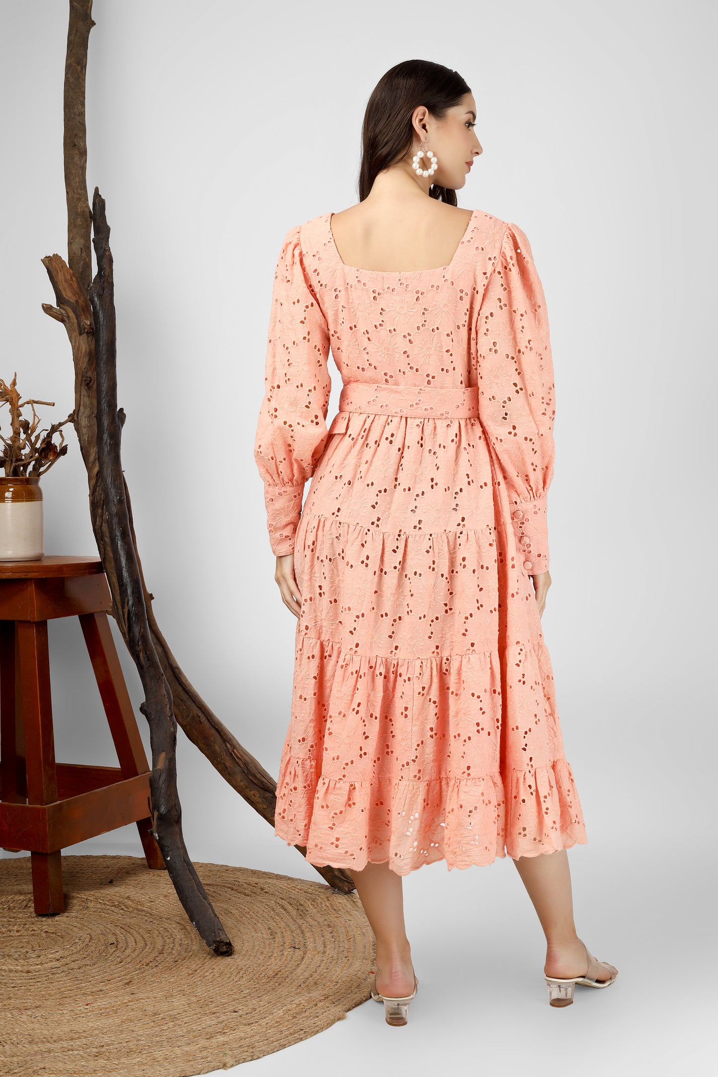 Peach Embroidered Cotton Schiffli Dress
