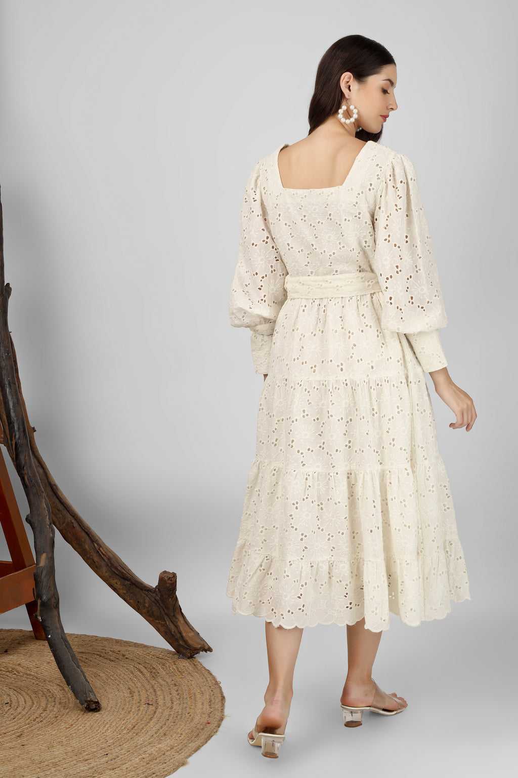 White Embroidered Cotton Schiffli Dress