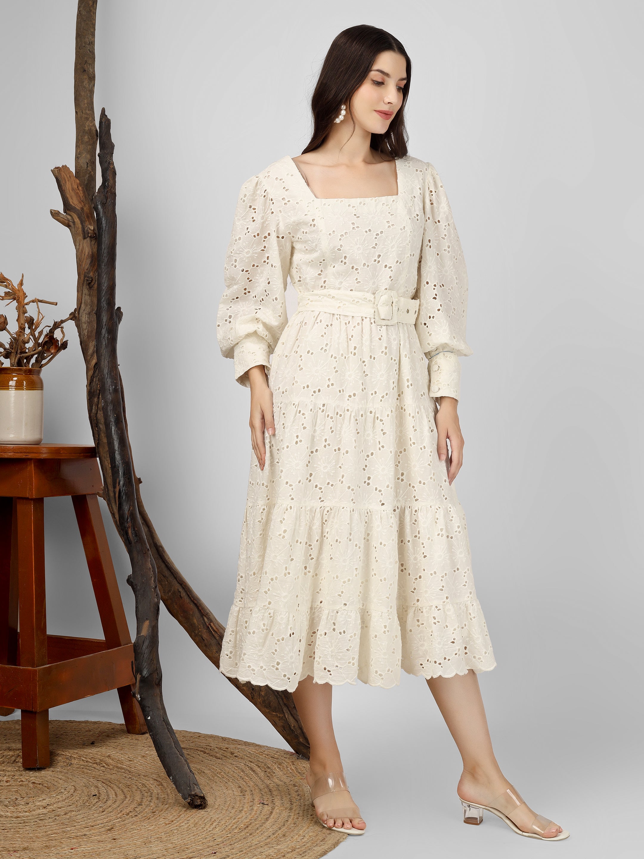 White Embroidered Cotton Schiffli Dress