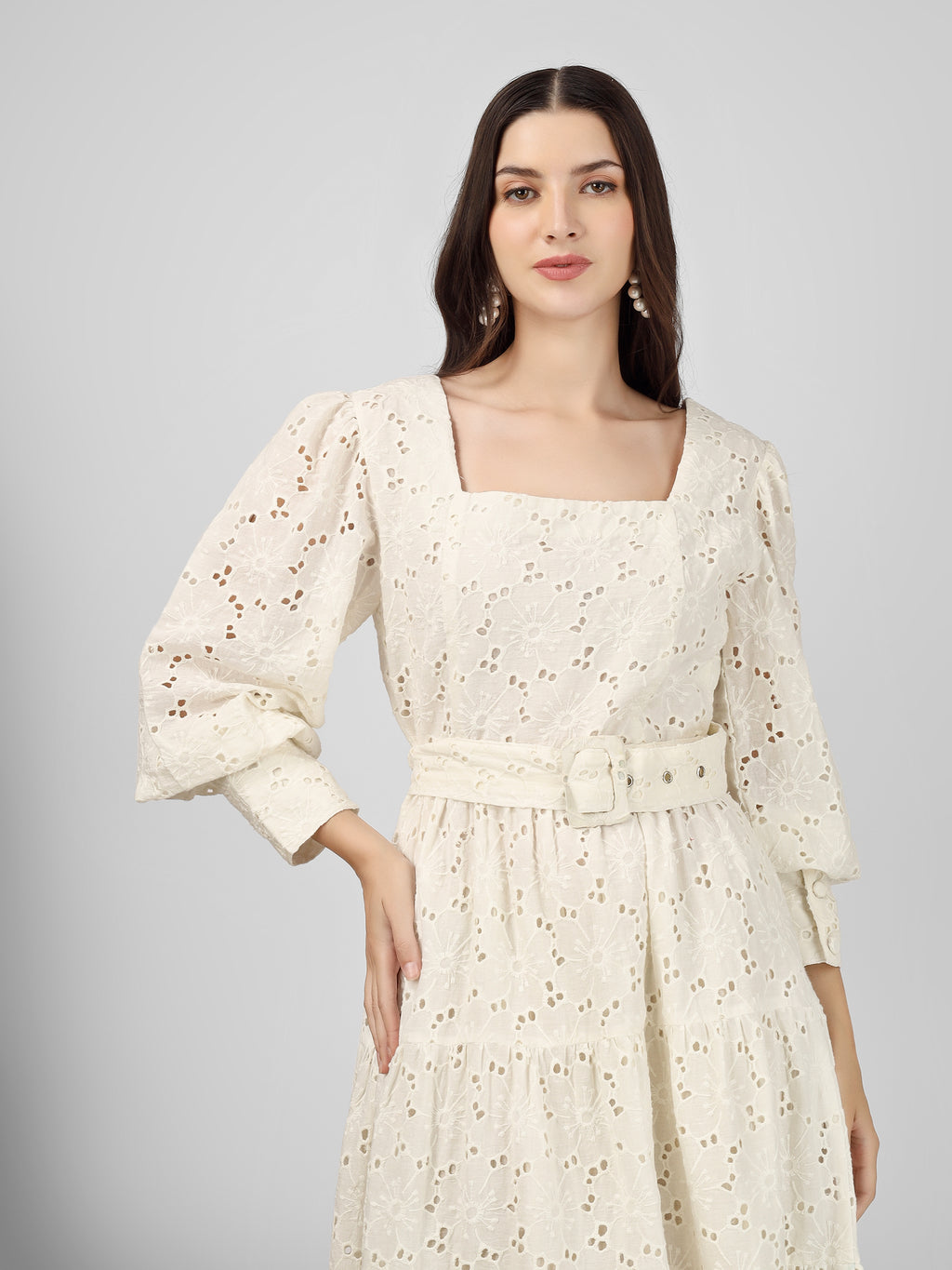 White Embroidered Cotton Schiffli Dress