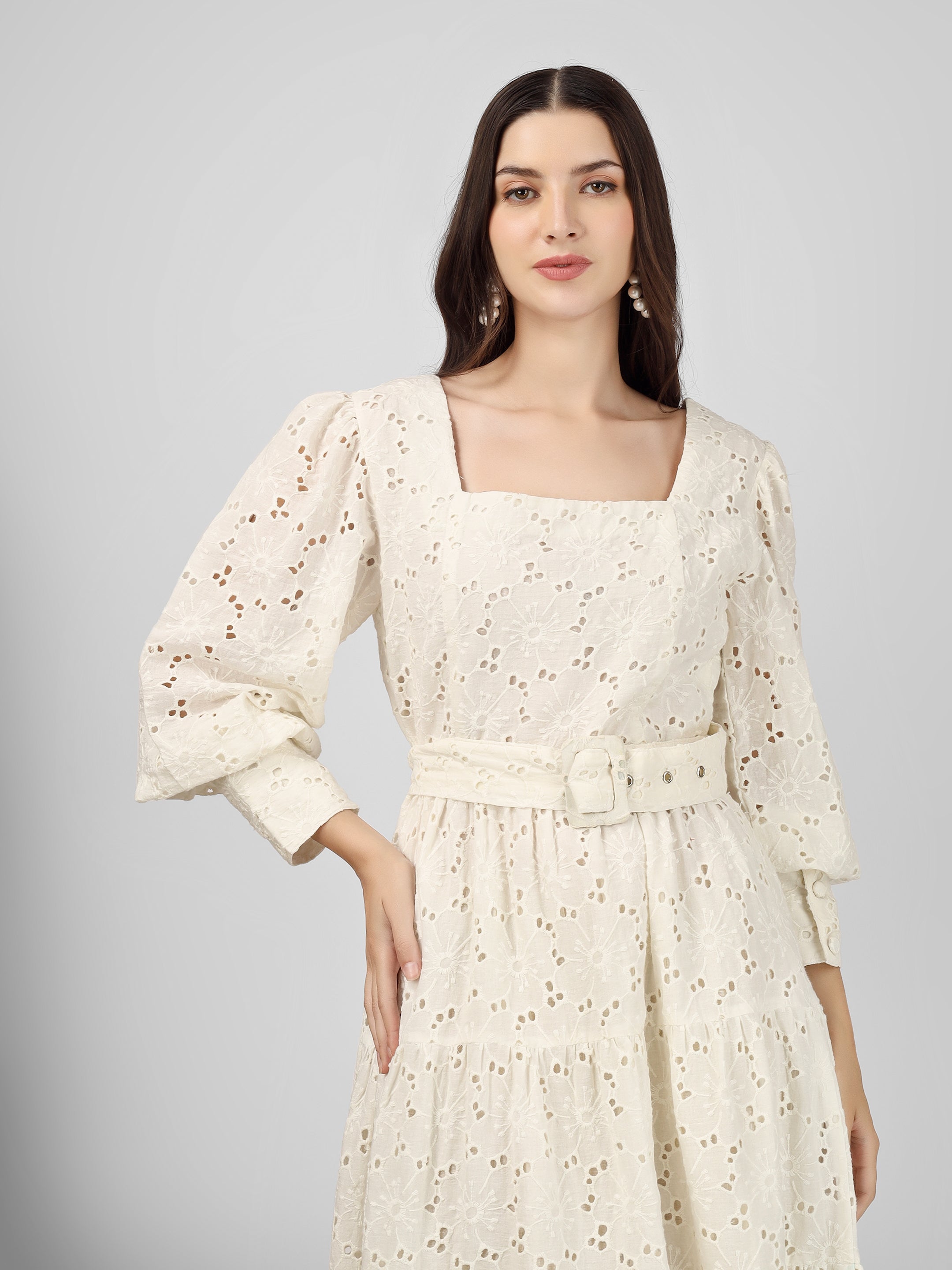 White Embroidered Cotton Schiffli Dress
