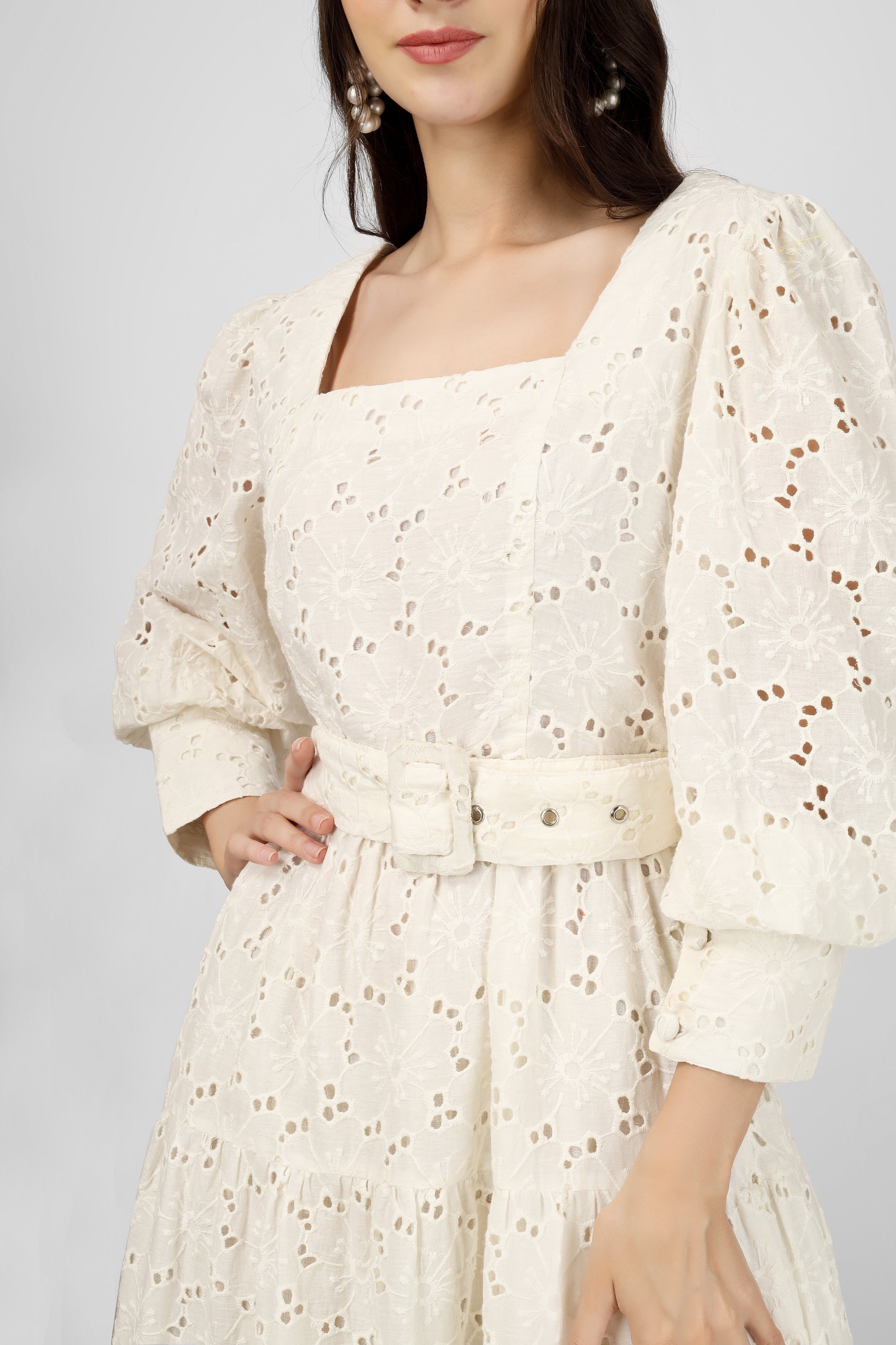 White Embroidered Cotton Schiffli Dress