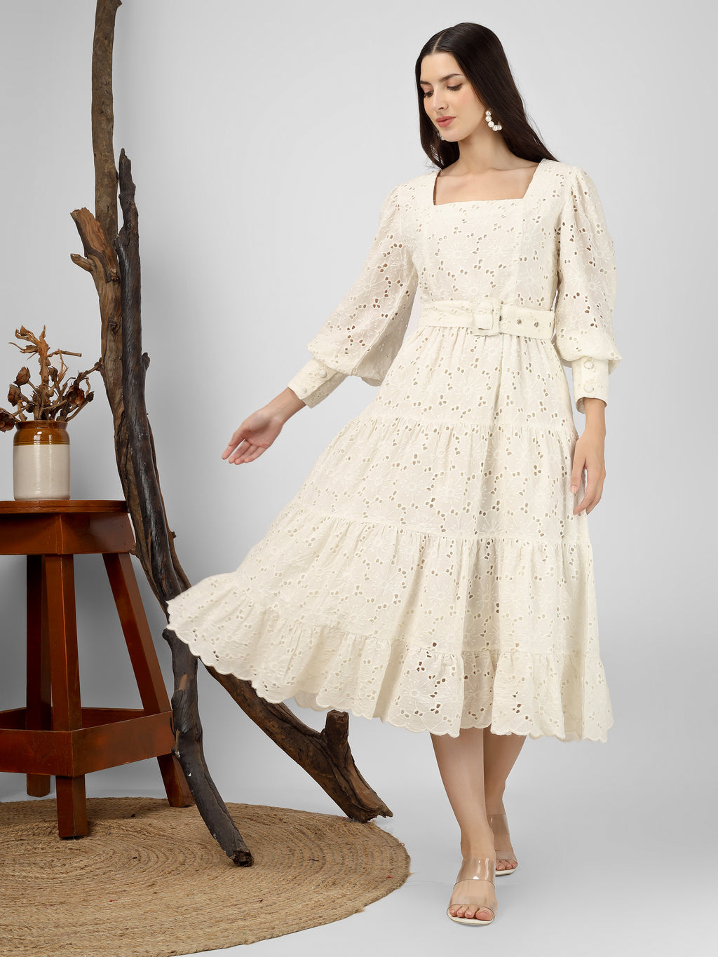 White Embroidered Cotton Schiffli Dress