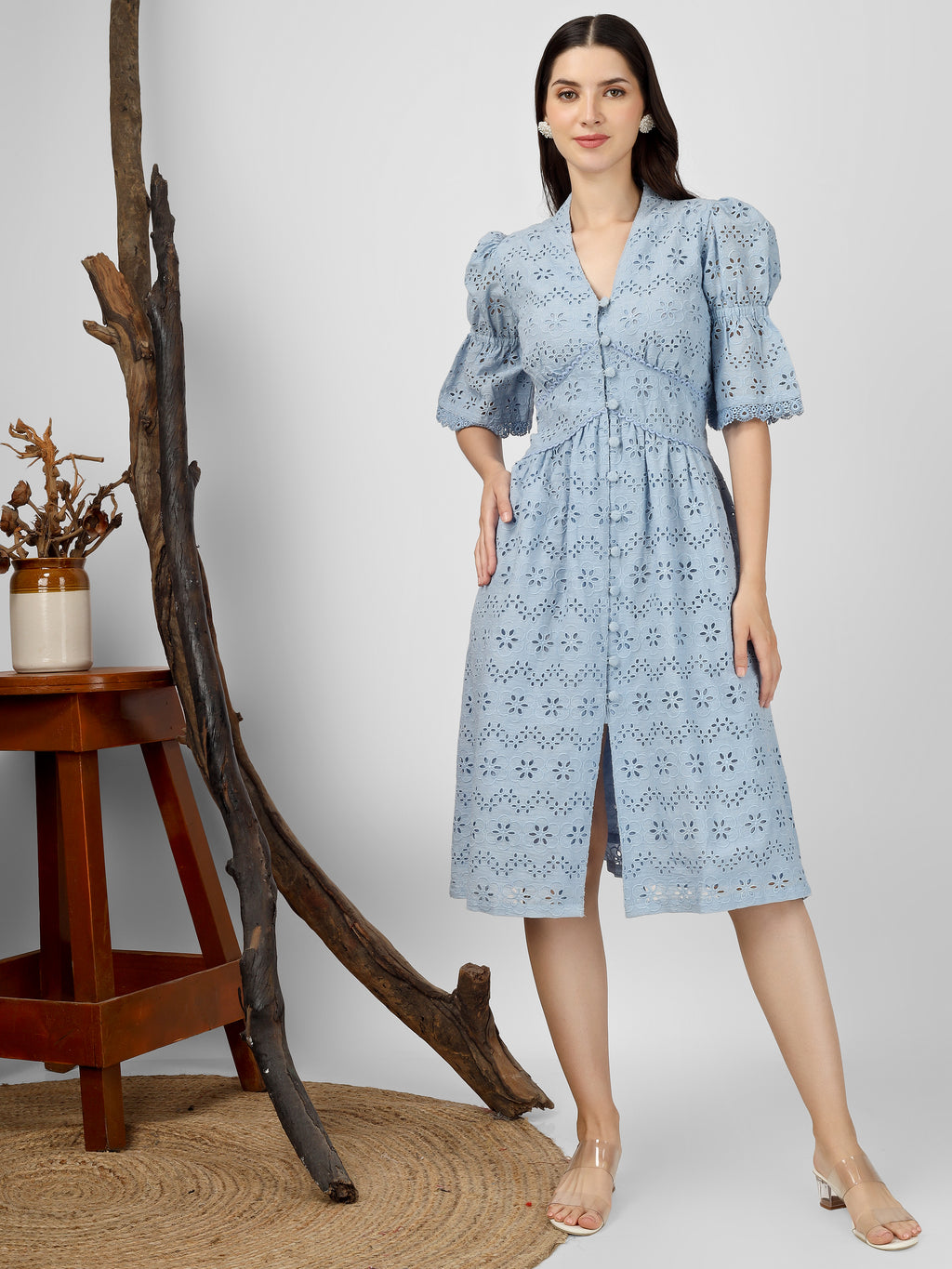 Powder Blue Embroidered Cotton Schiffli Dress