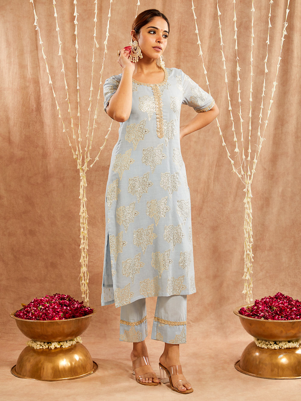 Blue Lace work Cotton Lurex Suit - Set of 3