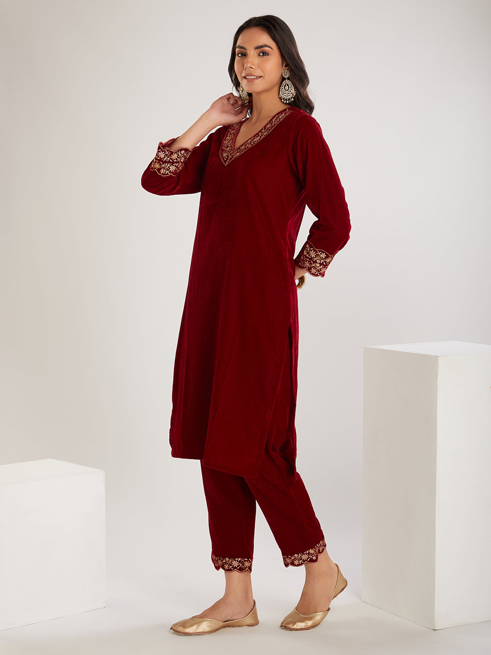 Maroon  Embroidered Velvet Suit- Set of  3