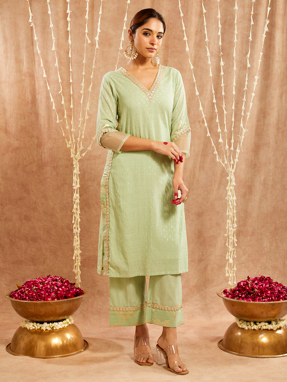 Green Lace work Cotton Lurex Suit - Set of 3