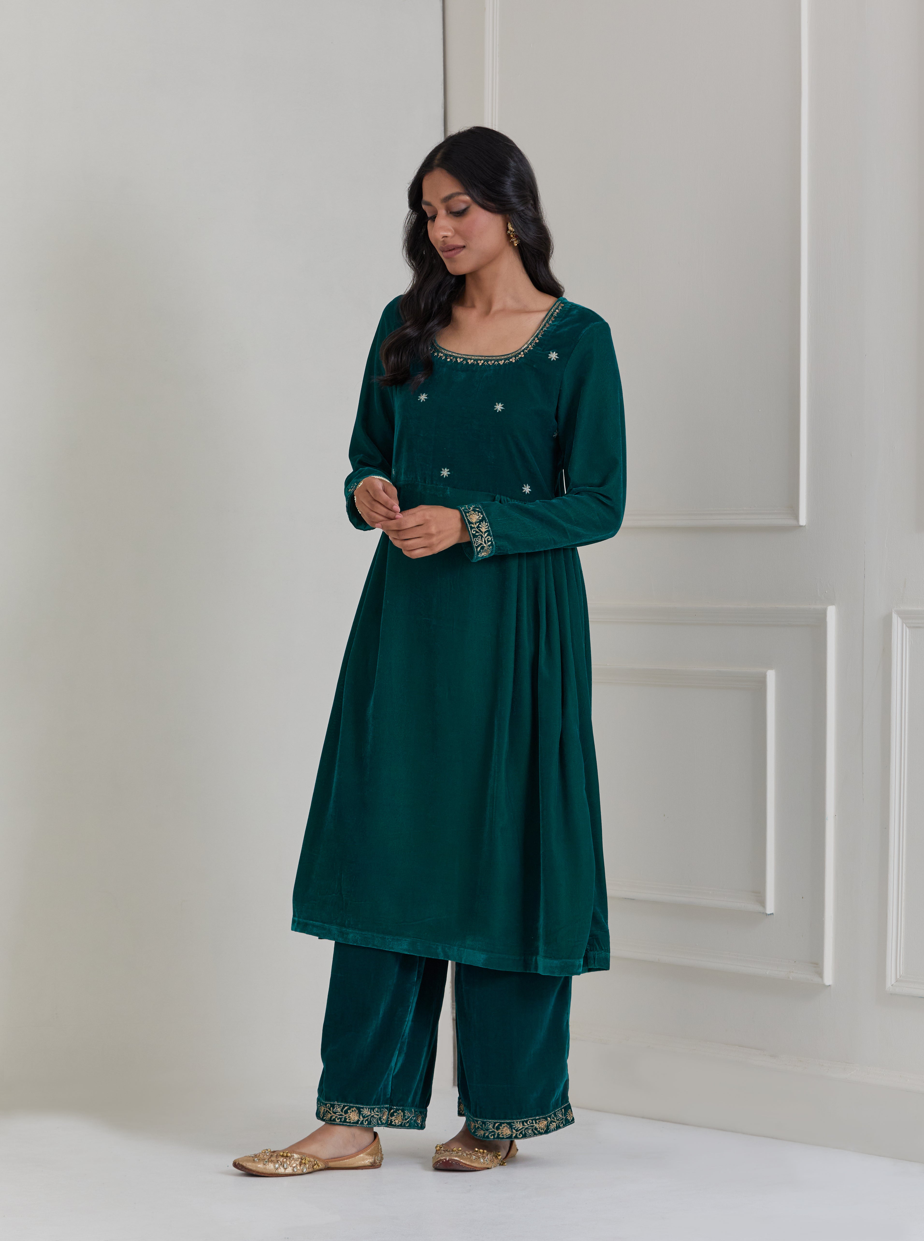 Green Embroidered Velvet Anarkali Suit - Set of 3