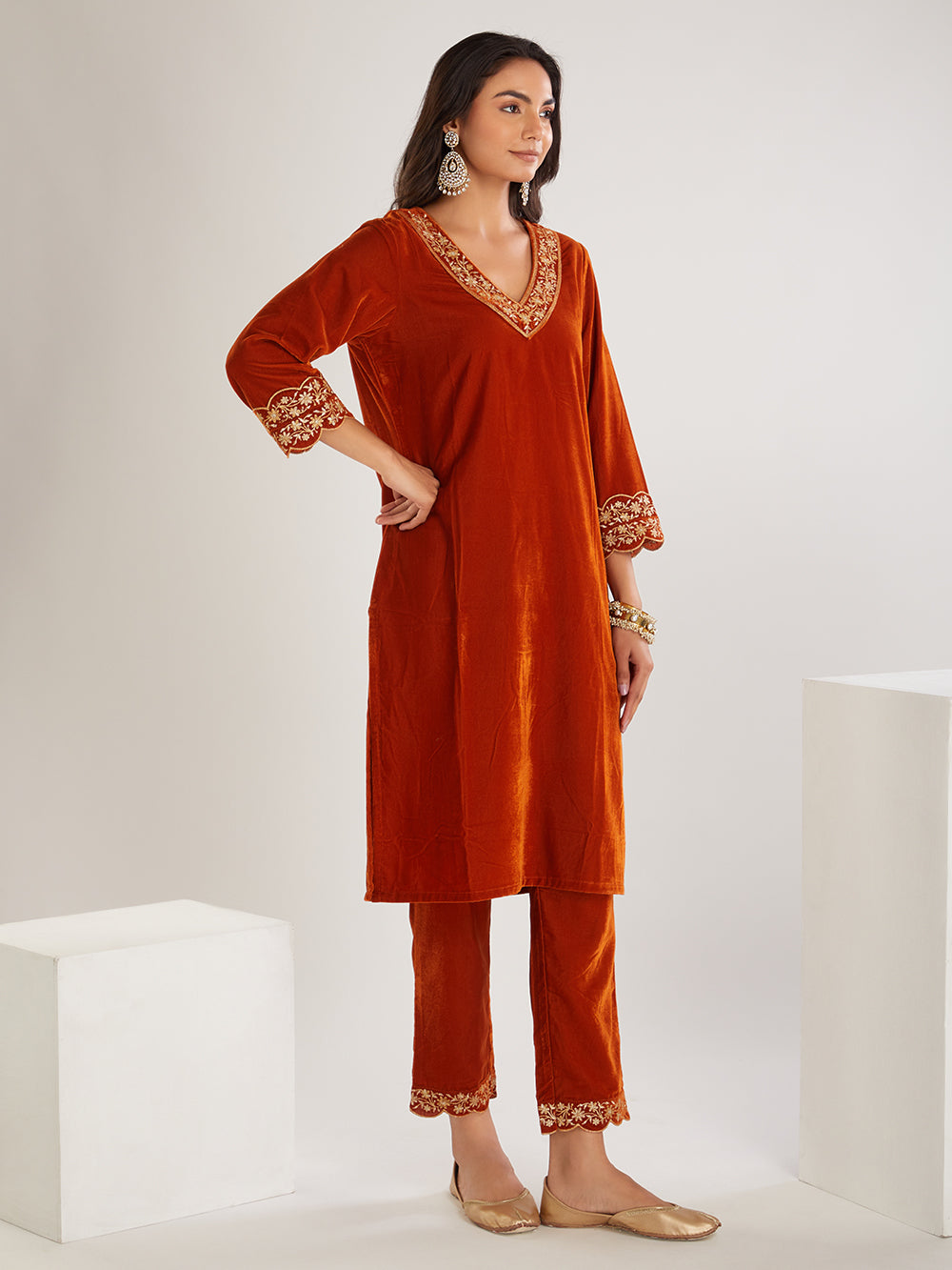 Rust Embroidered Velvet Suit- Set of 3