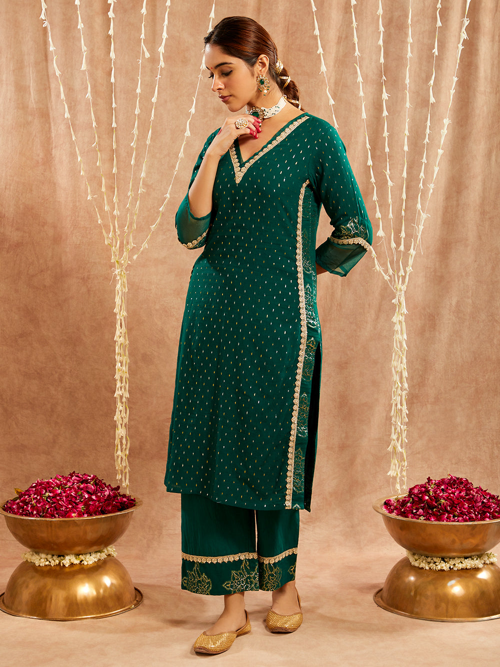 Dark Green Lace work Cotton Lurex Suit - Set of 3