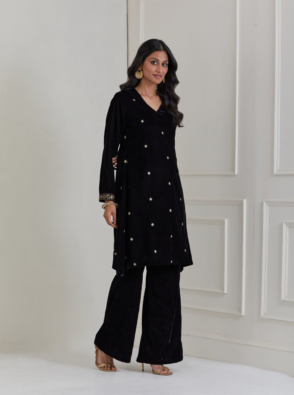 Black Embroidered Velvet A-Line Suit - Set of 3 (Copy)