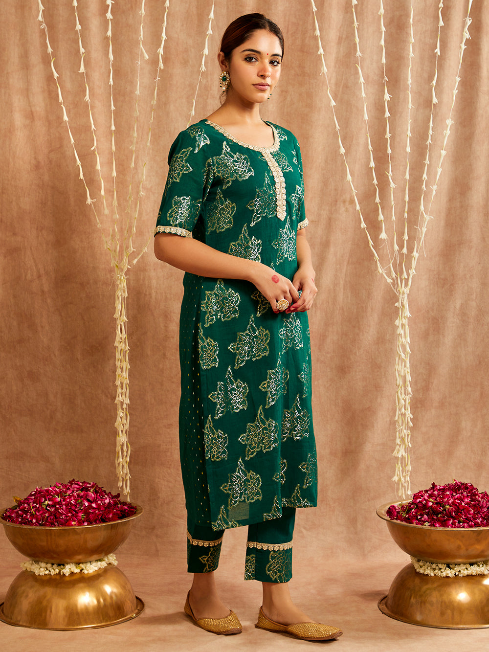 Dark Green Lace work Cotton Lurex Suit - Set of 3