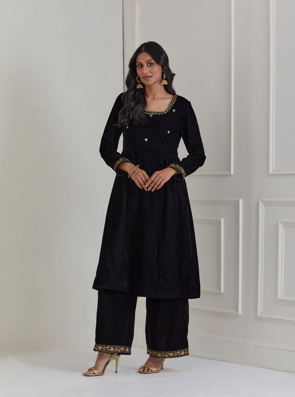 Black Embroidered Velvet Anarkali Suit - Set of 3