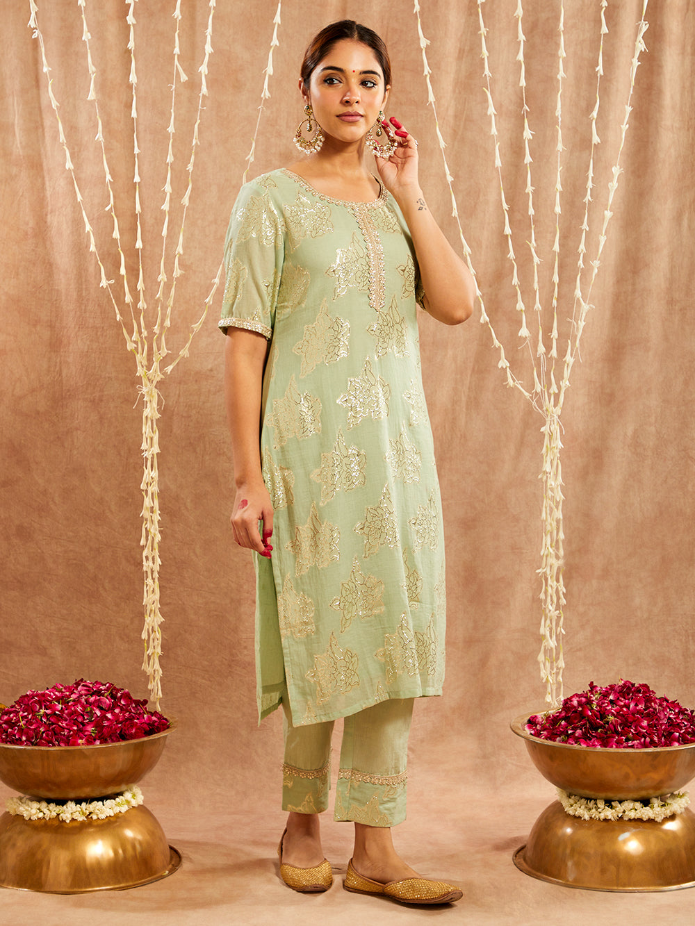 Green Lace work Cotton Lurex Suit - Set of 3