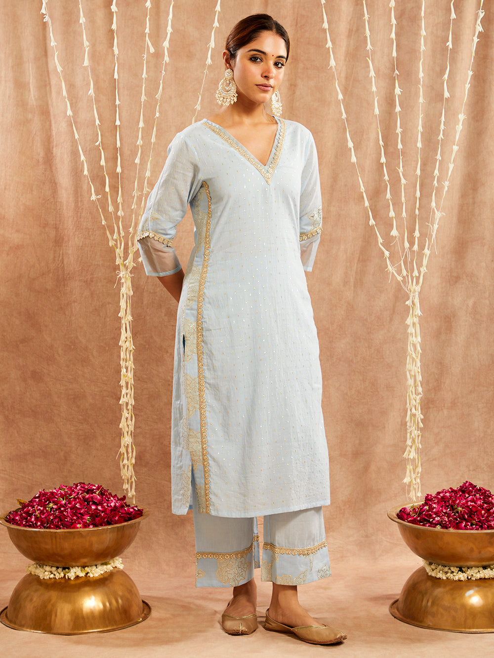 Blue Lace work Cotton Lurex Suit - Set of 3