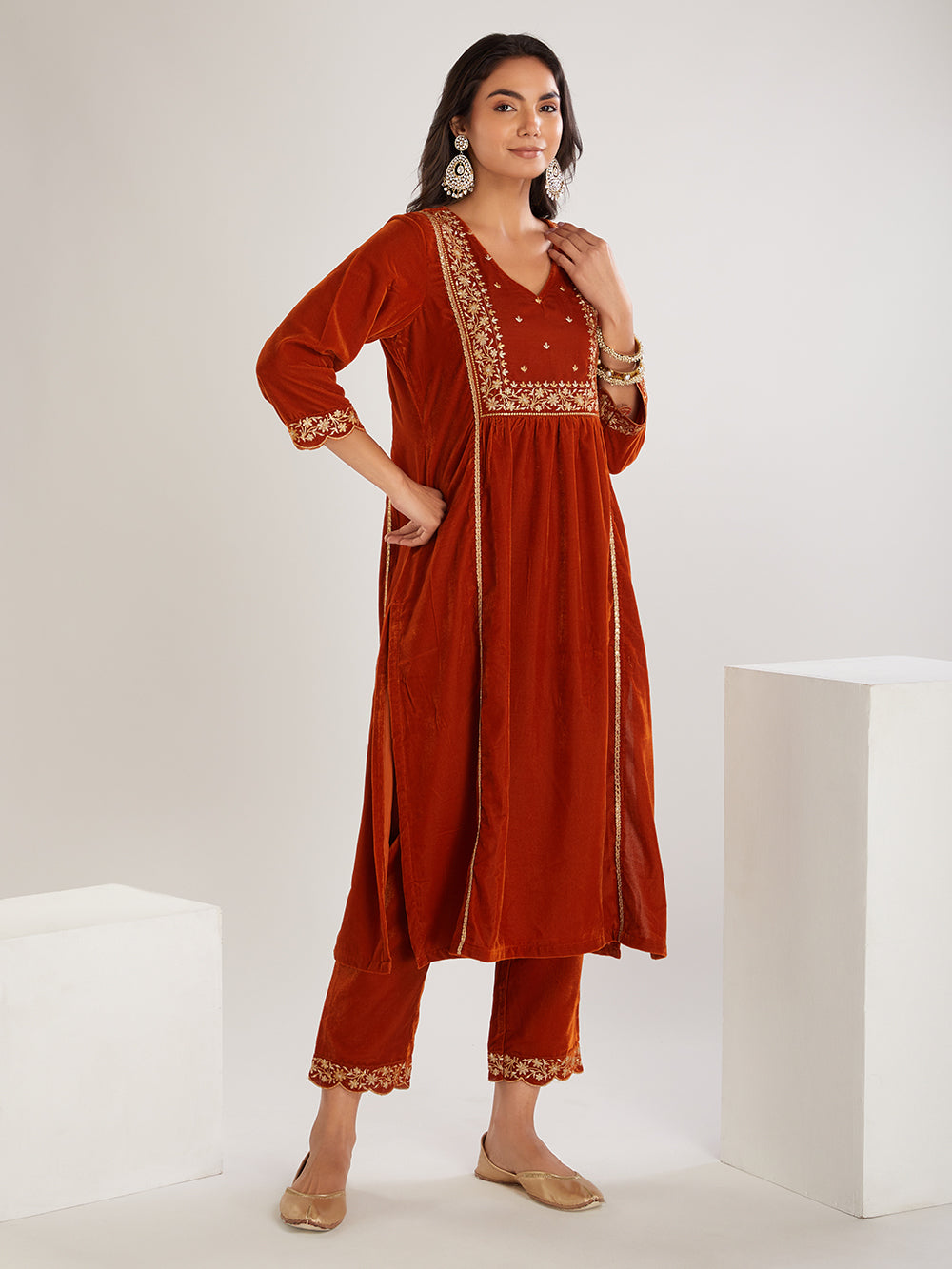 Rust Embroidered Velvet Suit- Set of 3