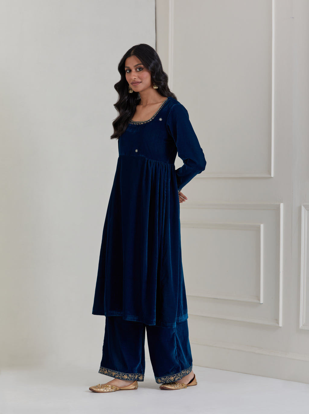 Blue Embroidered Velvet Anarkali Suit - Set of 3