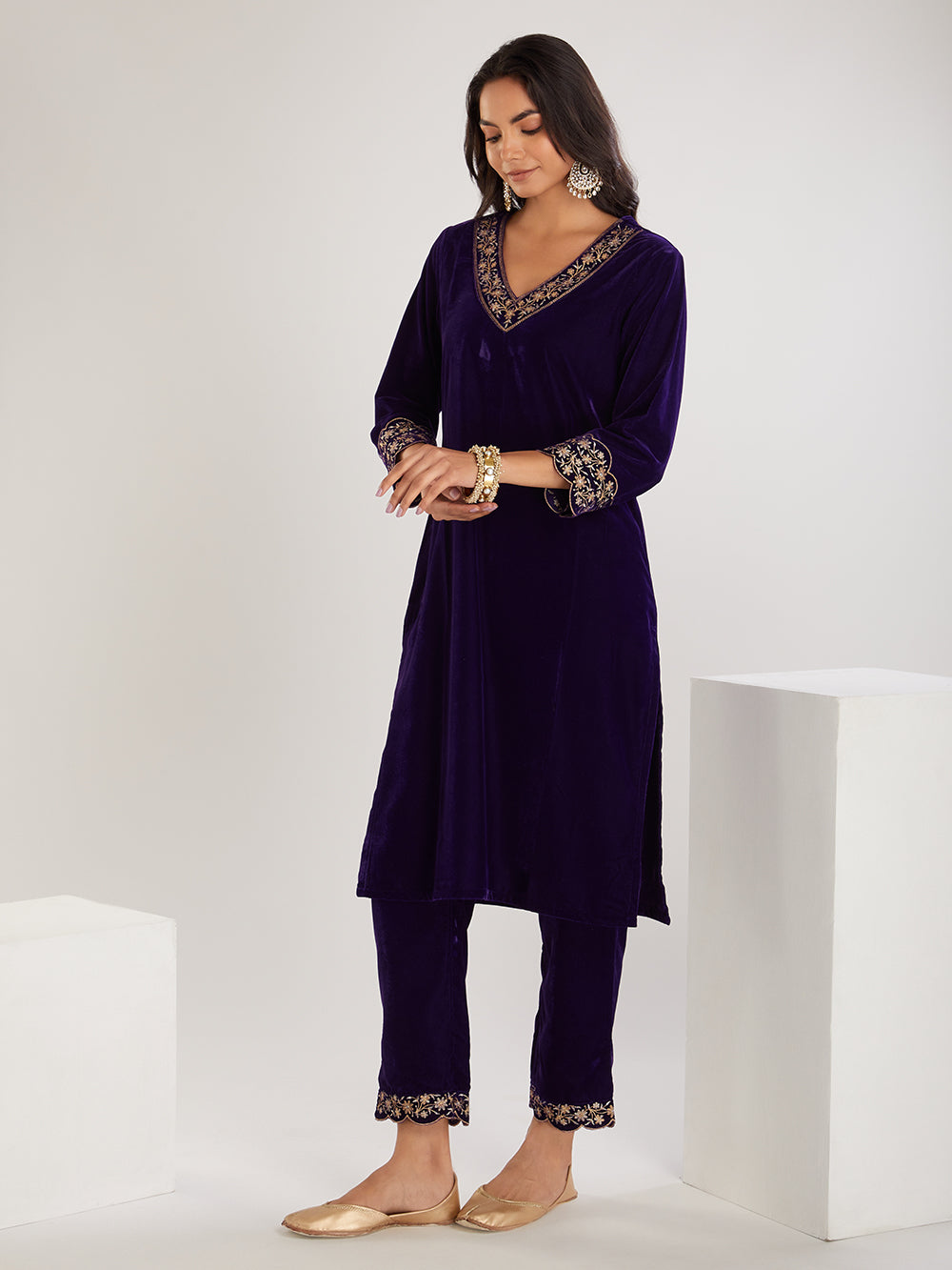 Purple Embroidered Velvet Suit- Set of  3