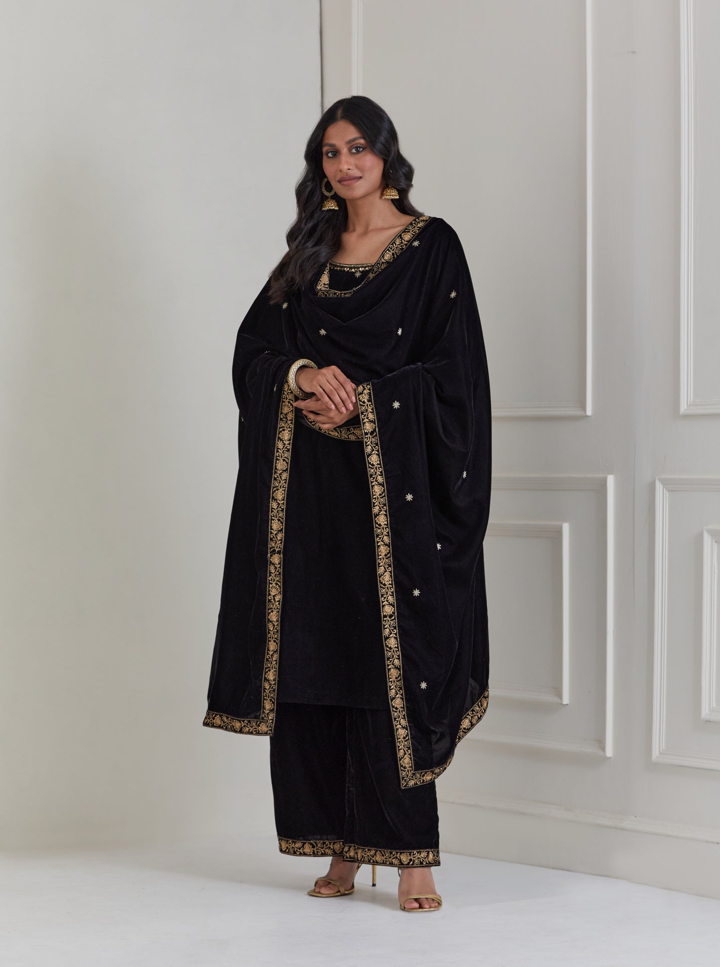 Black Embroidered Velvet A-Line Suit - Set of 3