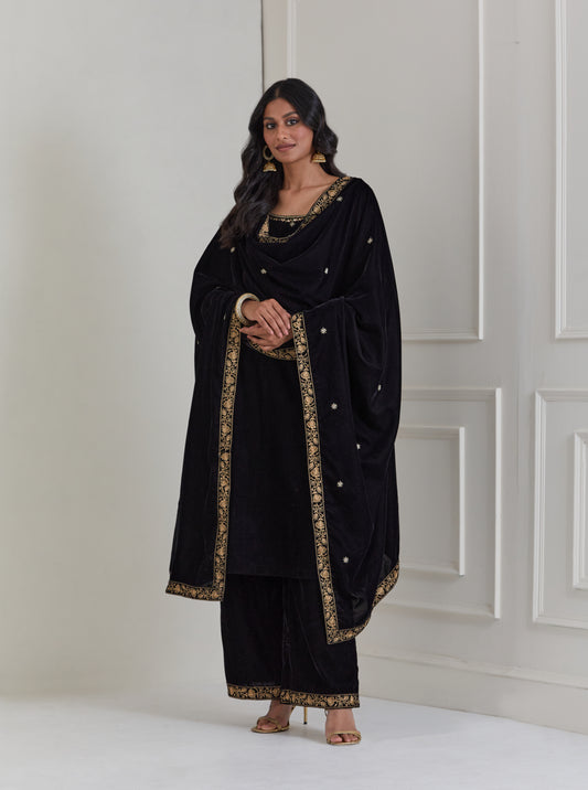 Black Embroidered Velvet A-Line Suit - Set of 3