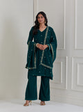 Green Embroidered Velvet A-Line Suit - Set of 3