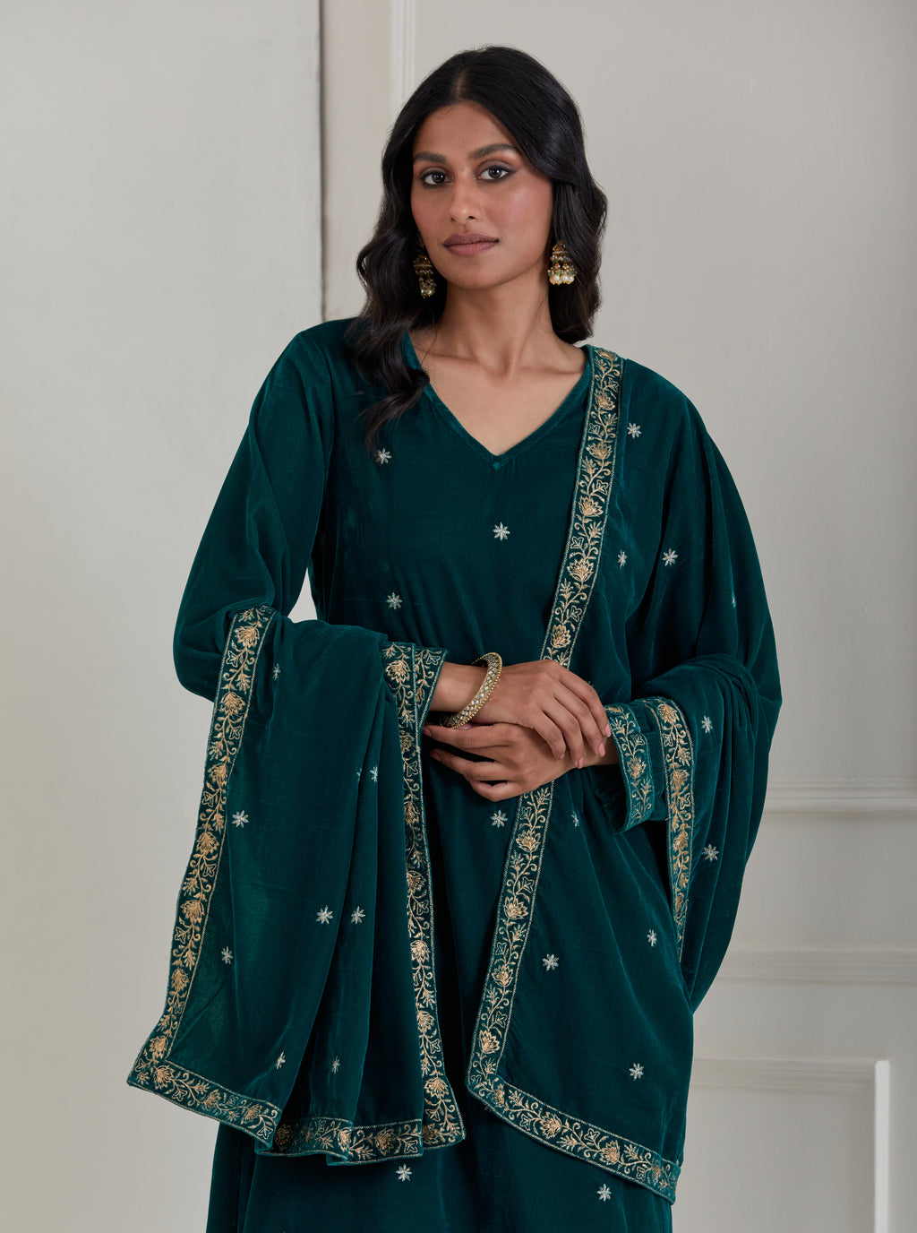 Green Embroidered Velvet A-Line Suit - Set of 3