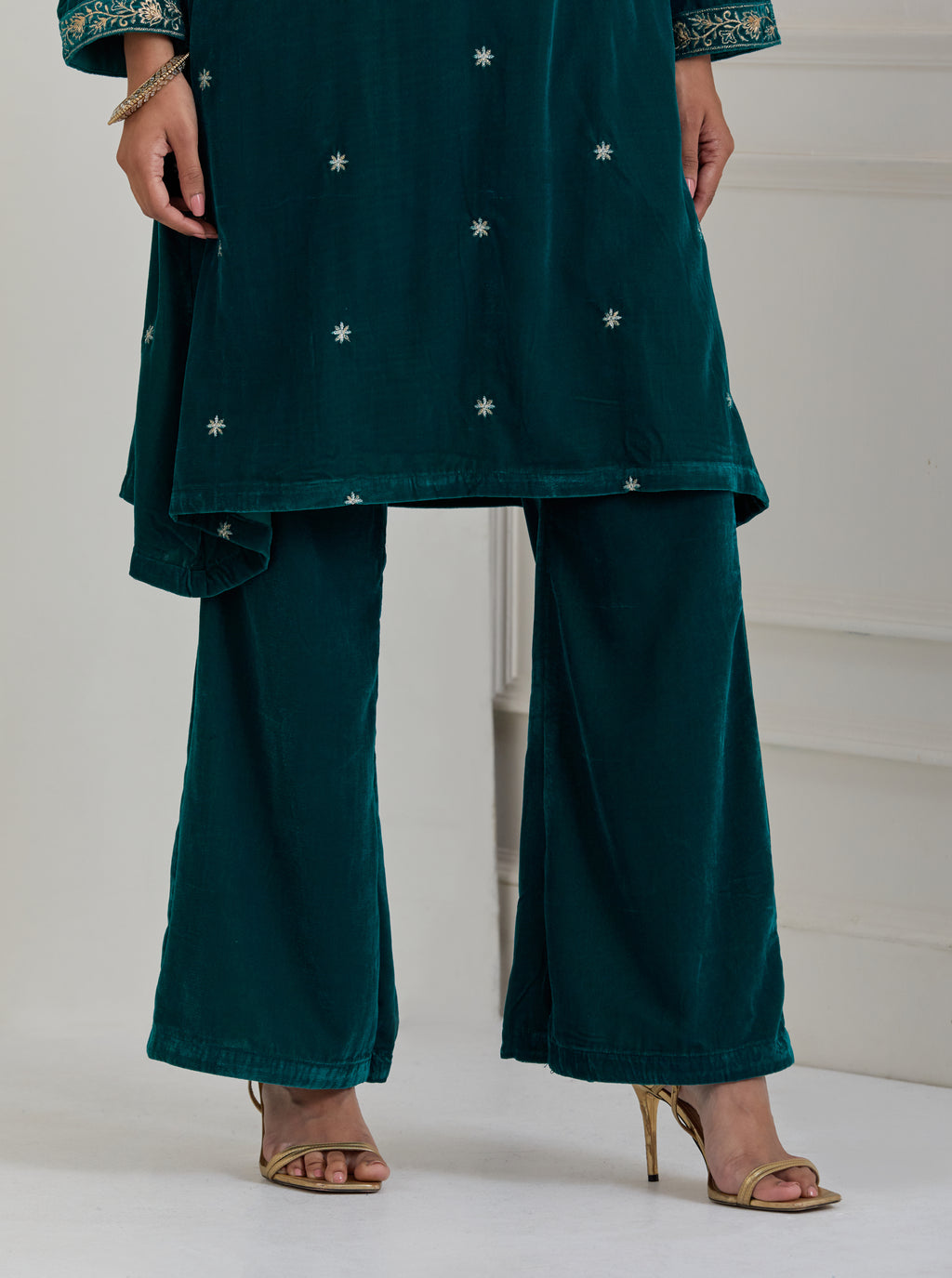 Green Embroidered Velvet A-Line Suit - Set of 3