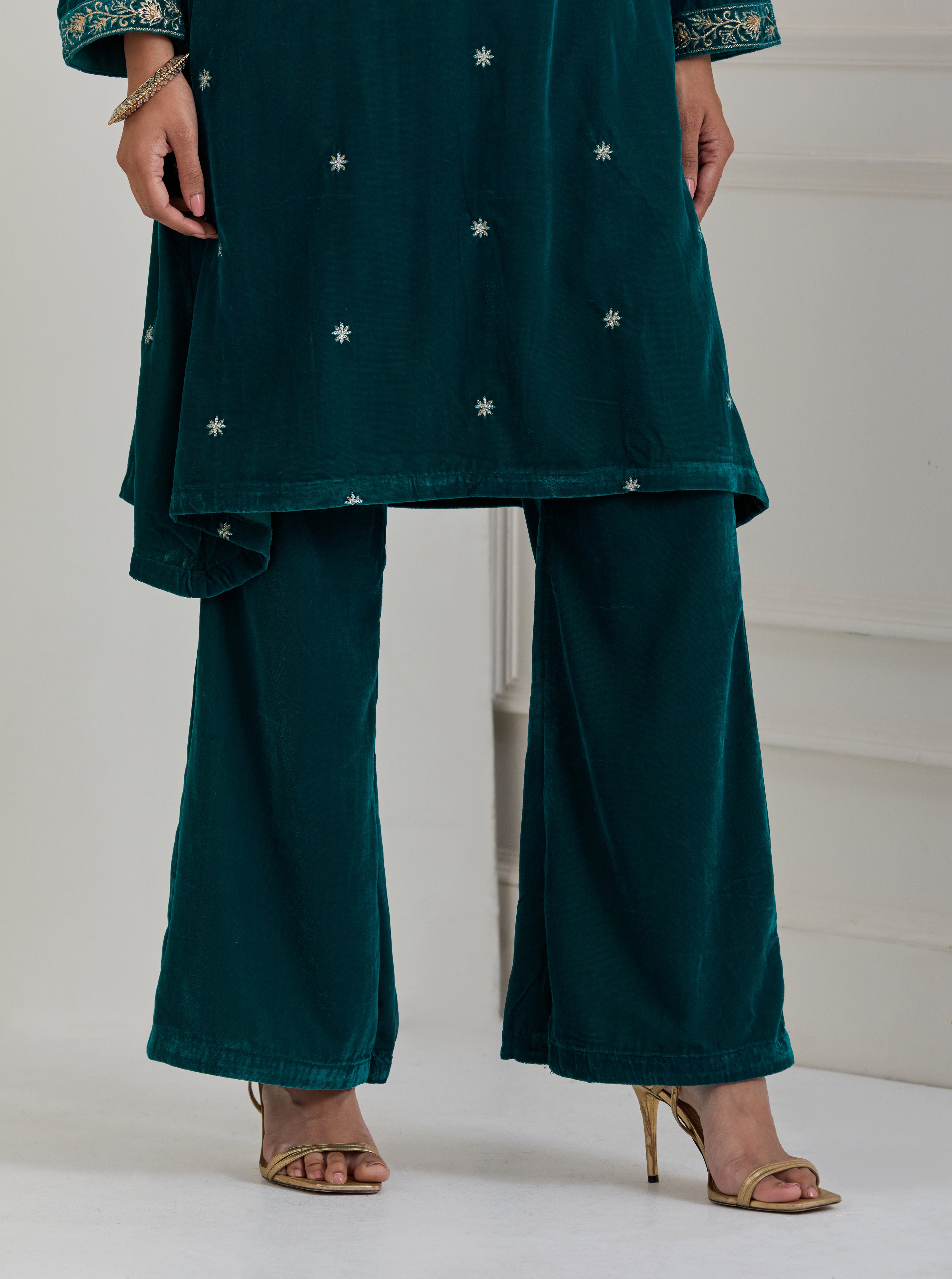 Green Embroidered Velvet A-Line Suit - Set of 3