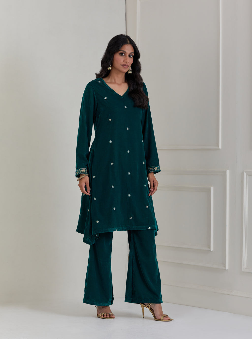 Green Embroidered Velvet A-Line Suit - Set of 3