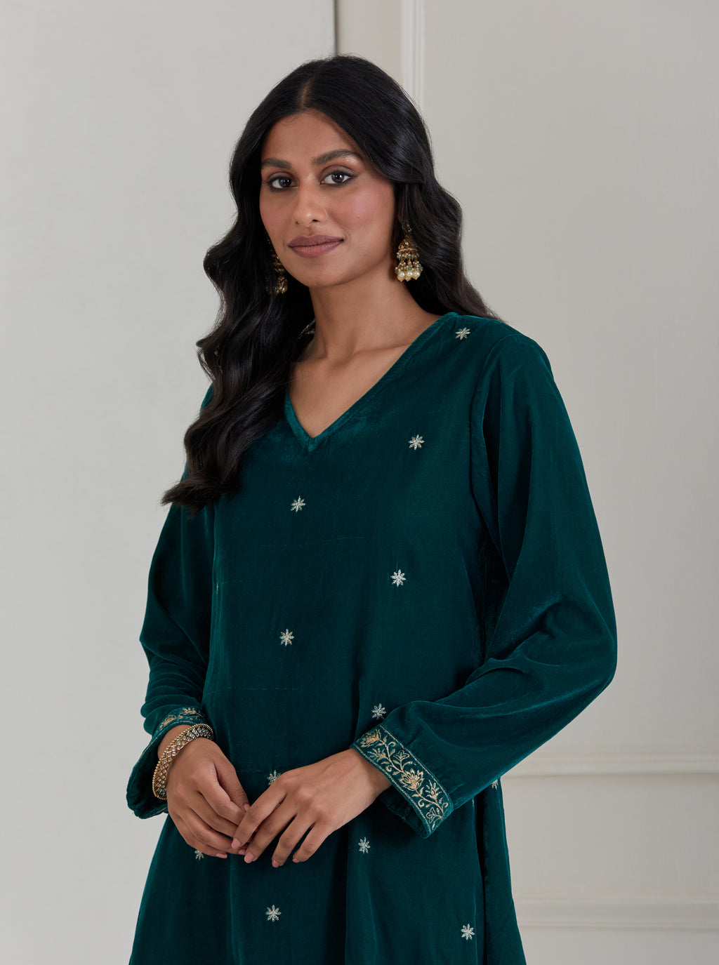 Green Embroidered Velvet A-Line Suit - Set of 3