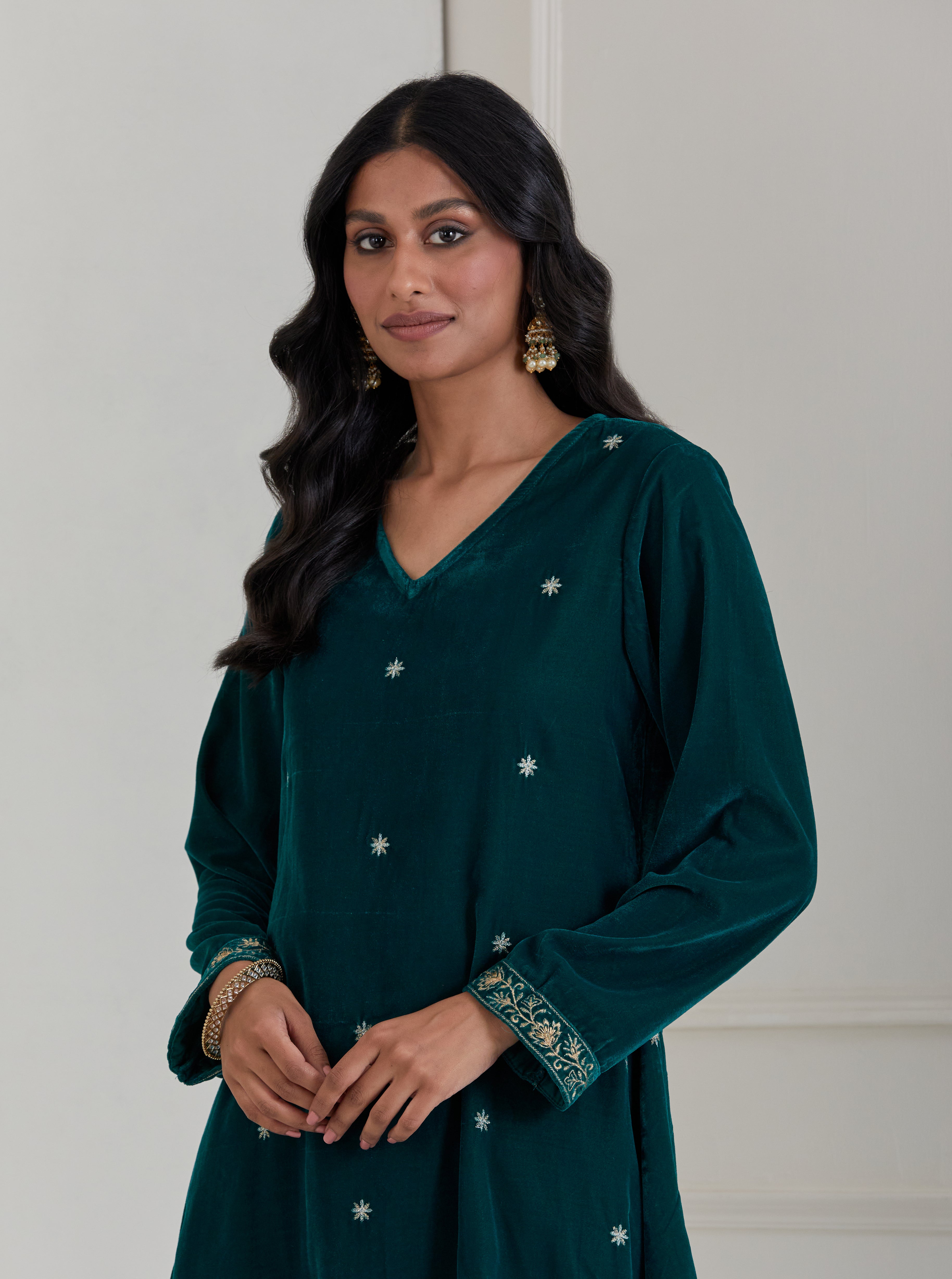 Green Embroidered Velvet A-Line Suit - Set of 3