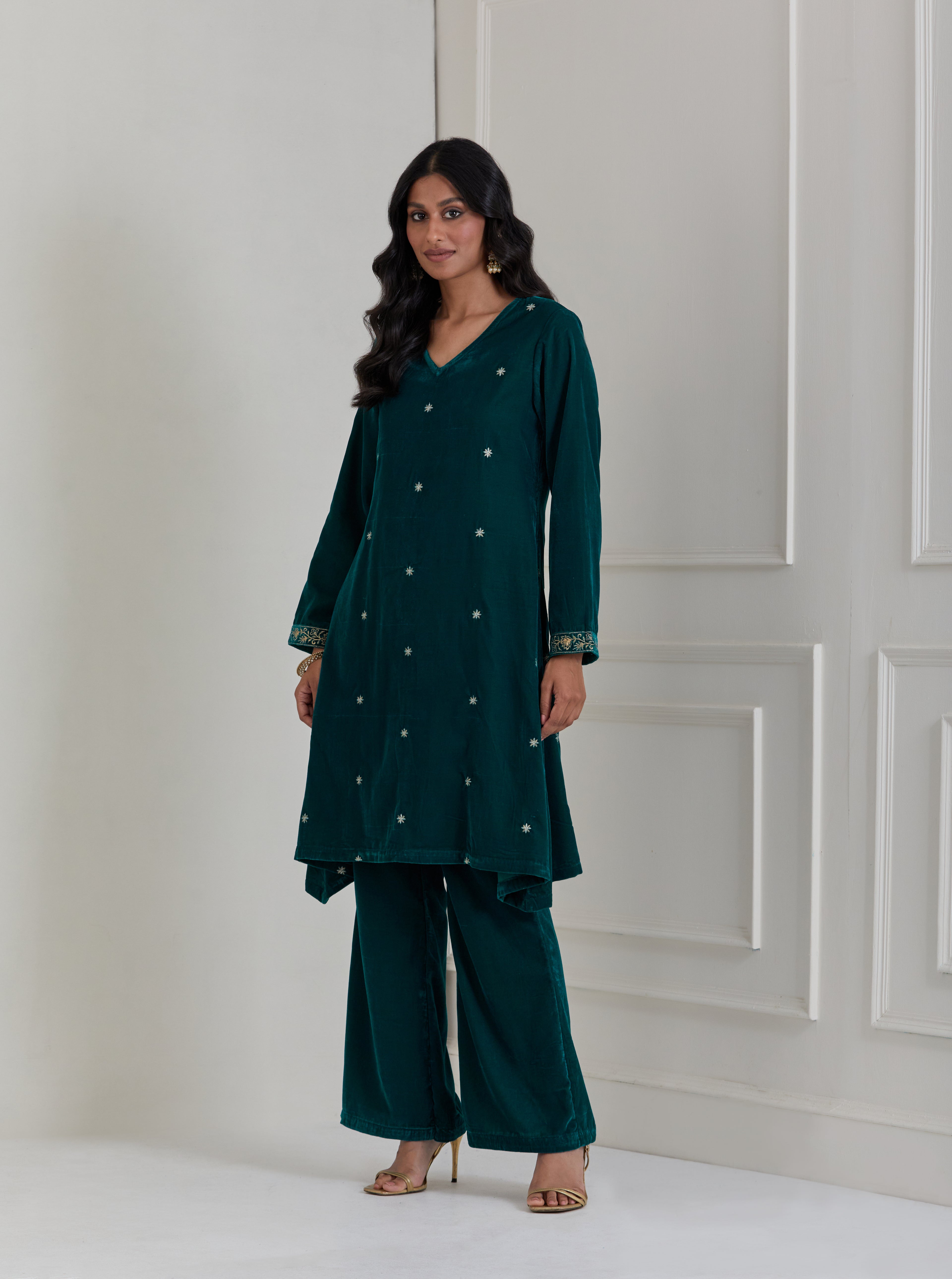 Green Embroidered Velvet A-Line Suit - Set of 3