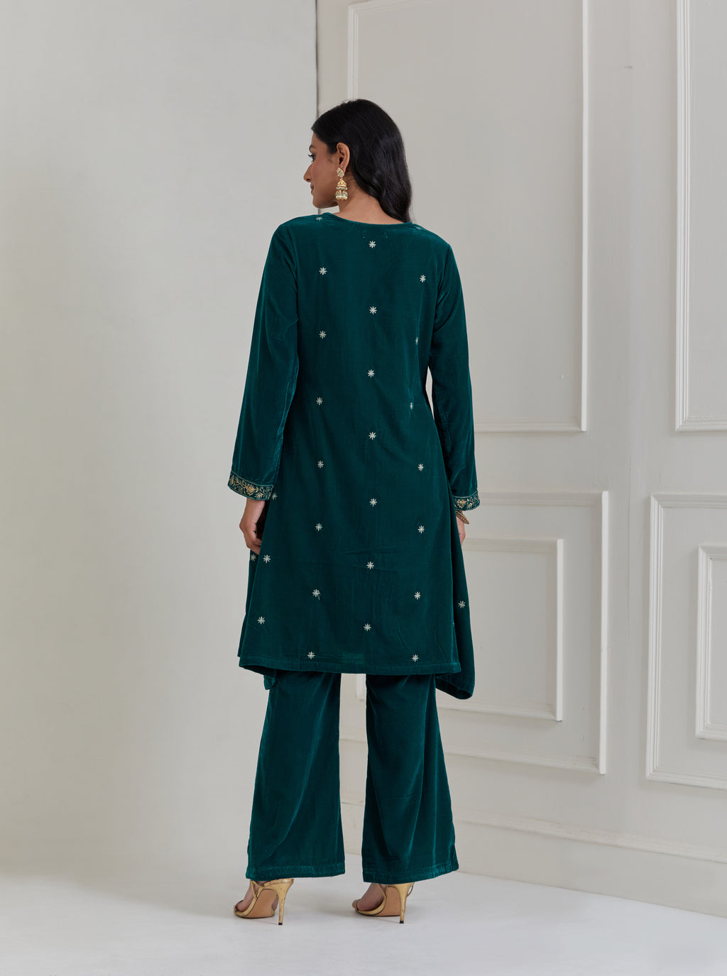 Green Embroidered Velvet A-Line Suit - Set of 3