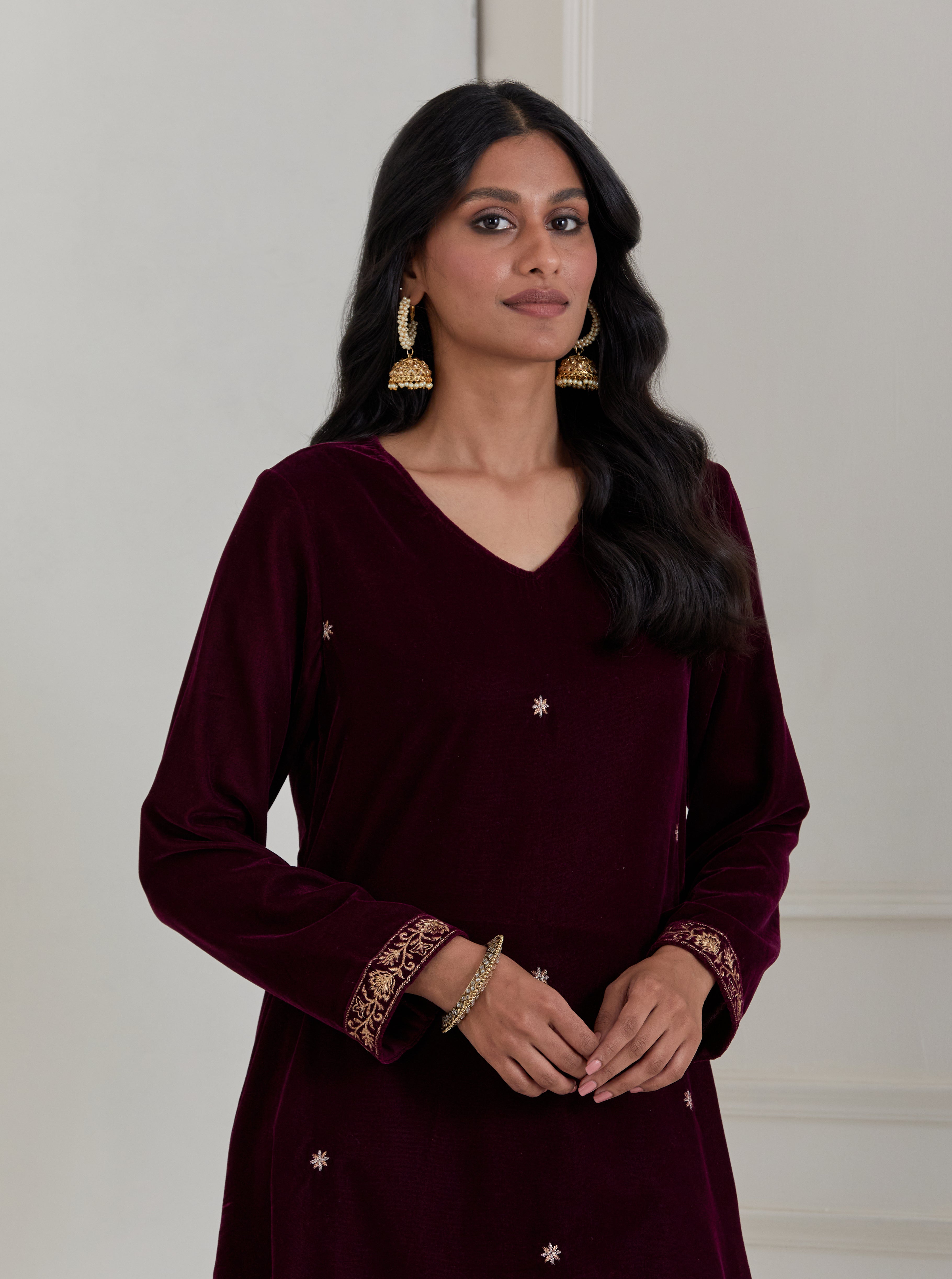 Burgundy Embroidered Velvet A-Line Suit - Set of 3