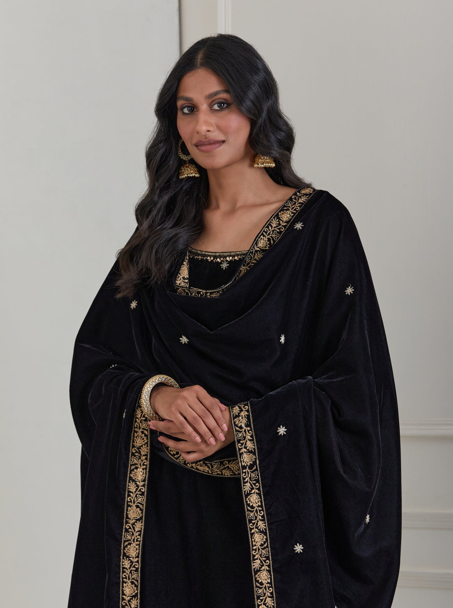 Black Embroidered Velvet A-Line Suit - Set of 3