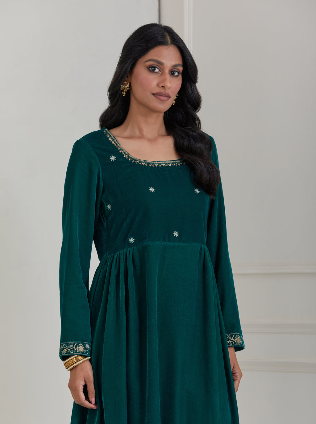 Green Embroidered Velvet Anarkali Suit - Set of 3