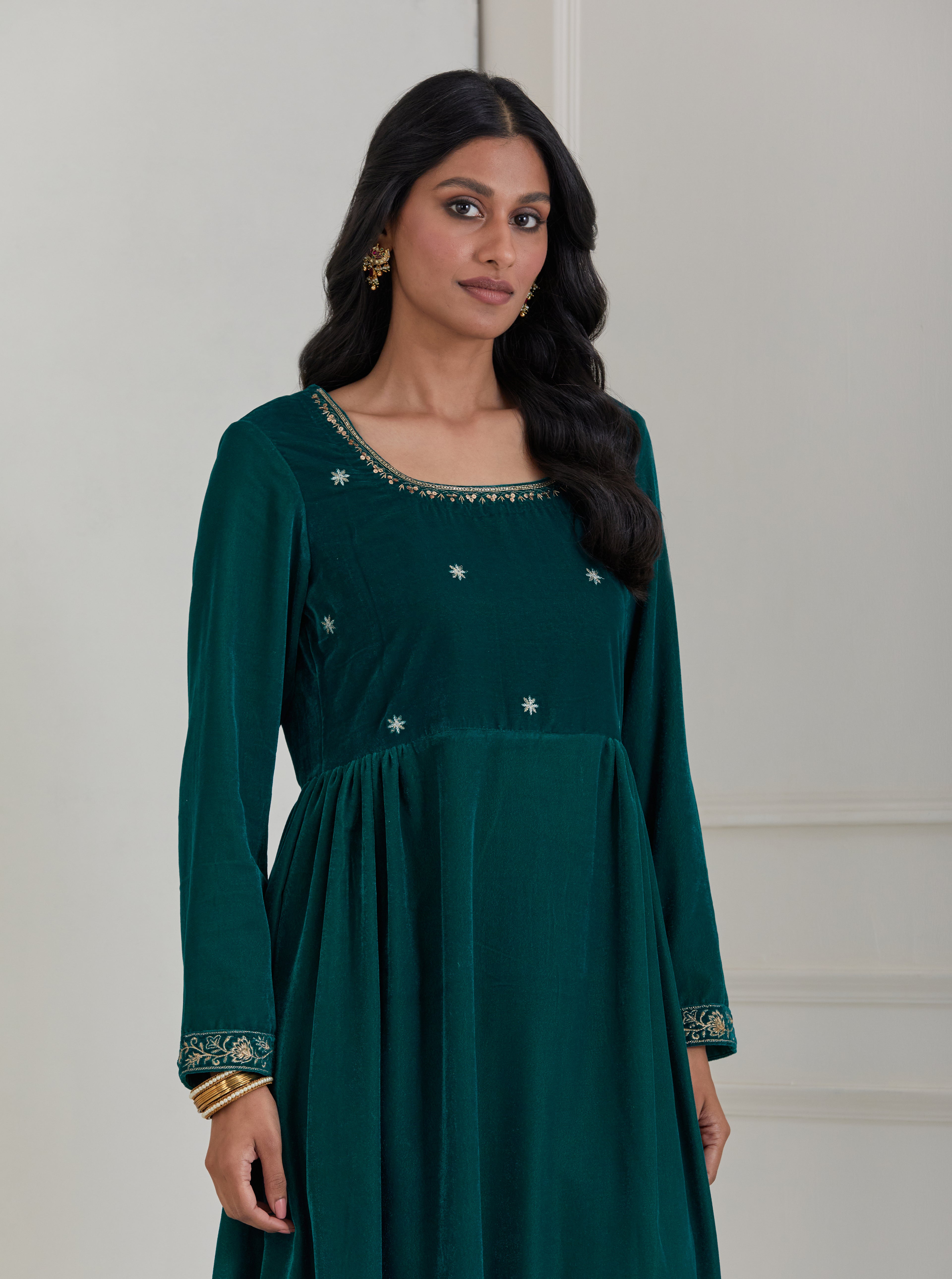 Green Embroidered Velvet Anarkali Suit - Set of 3