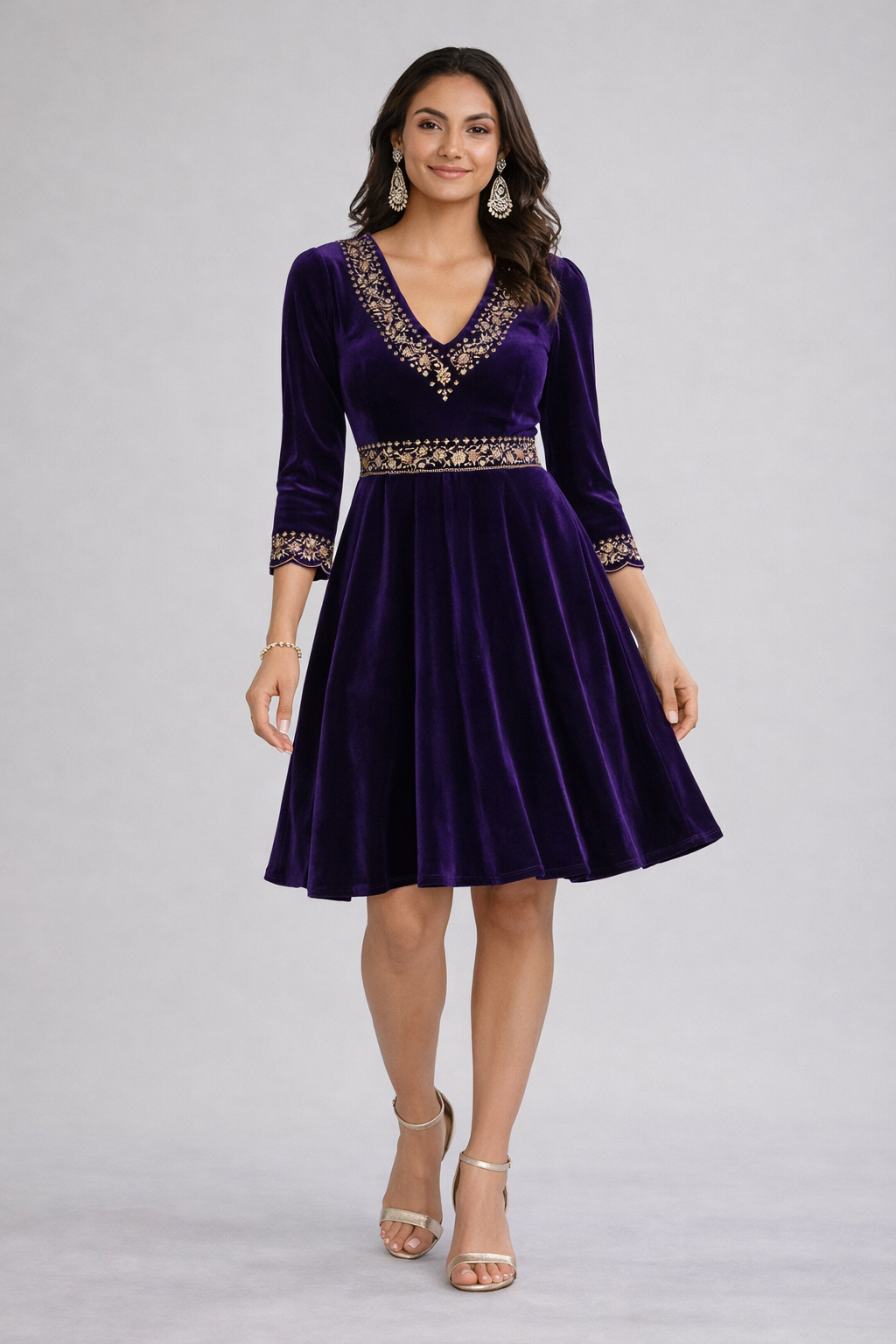Midnight Amethyst Embroidered Velvet Midi Dress