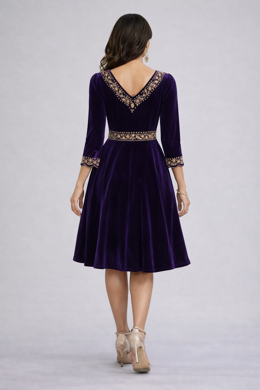 Midnight Amethyst Embroidered Velvet Midi Dress