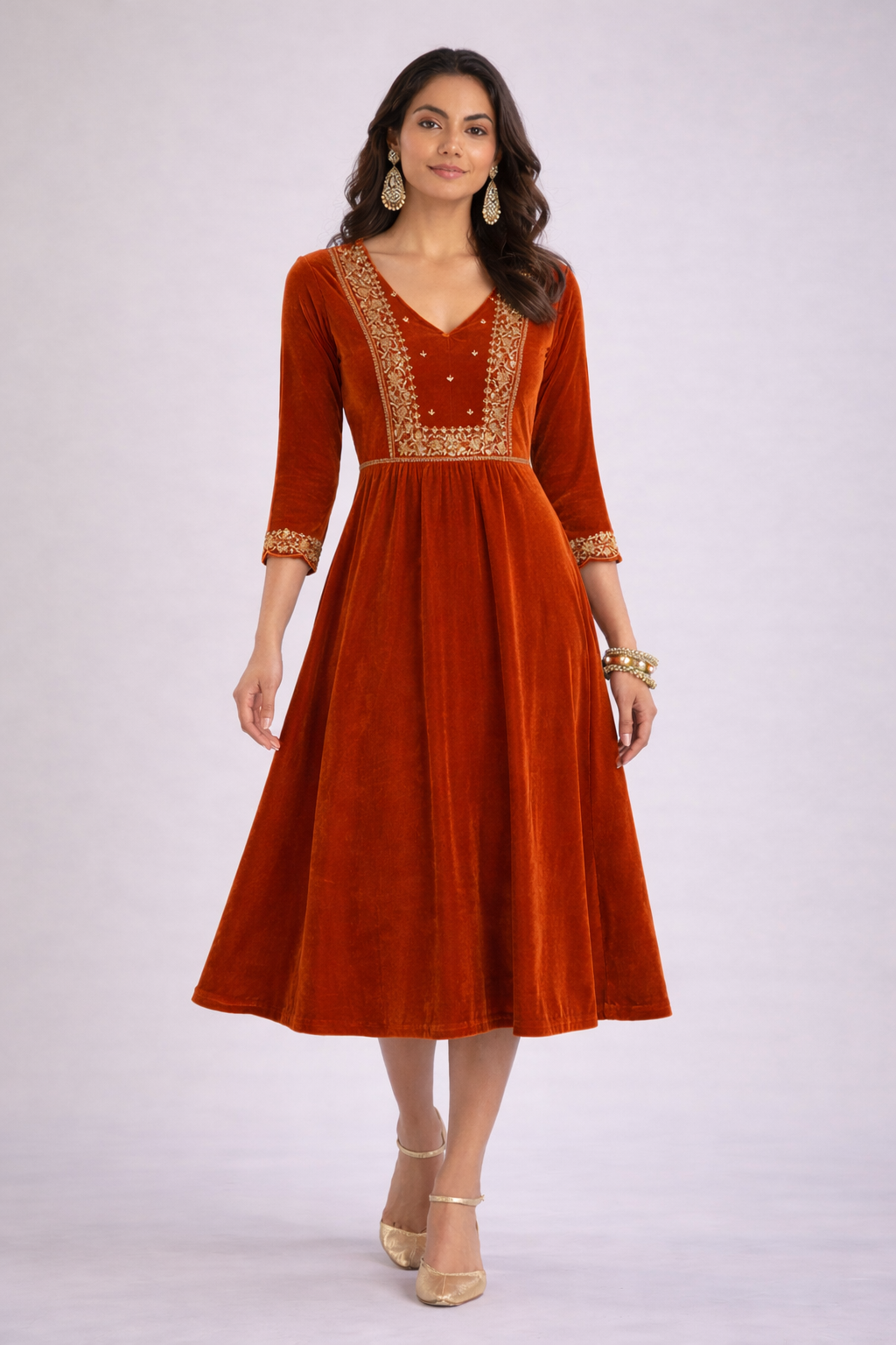 Amara Velvet Embroidered Midi Dress – Luxury Western Wear