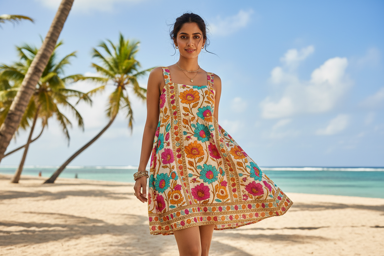 Generate a image of model wearing cotton mini dress of summer collection target to indian audience 