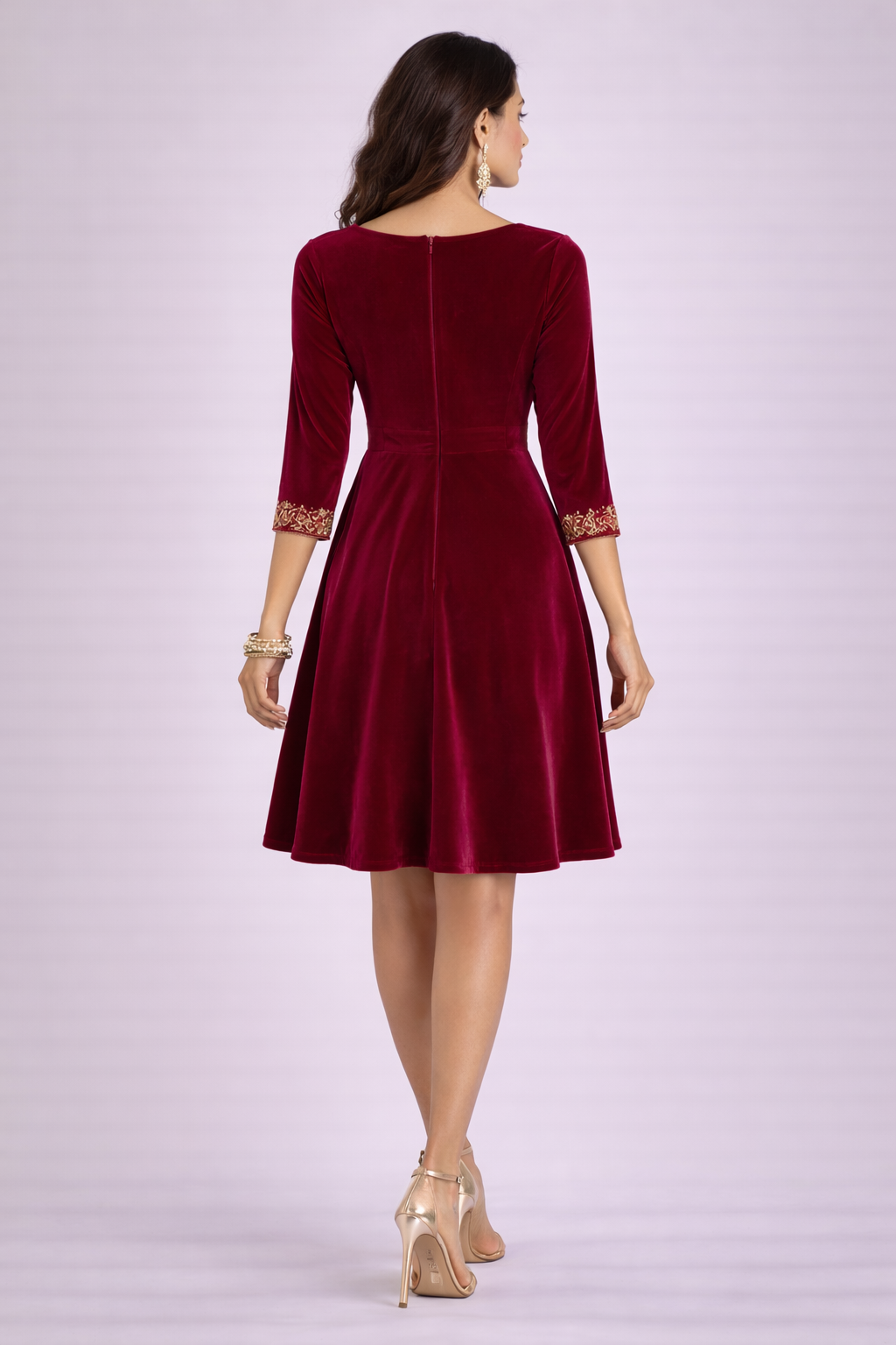Maroon Velvet Embroidered Fit & Flare Dress – Luxury Western Midi