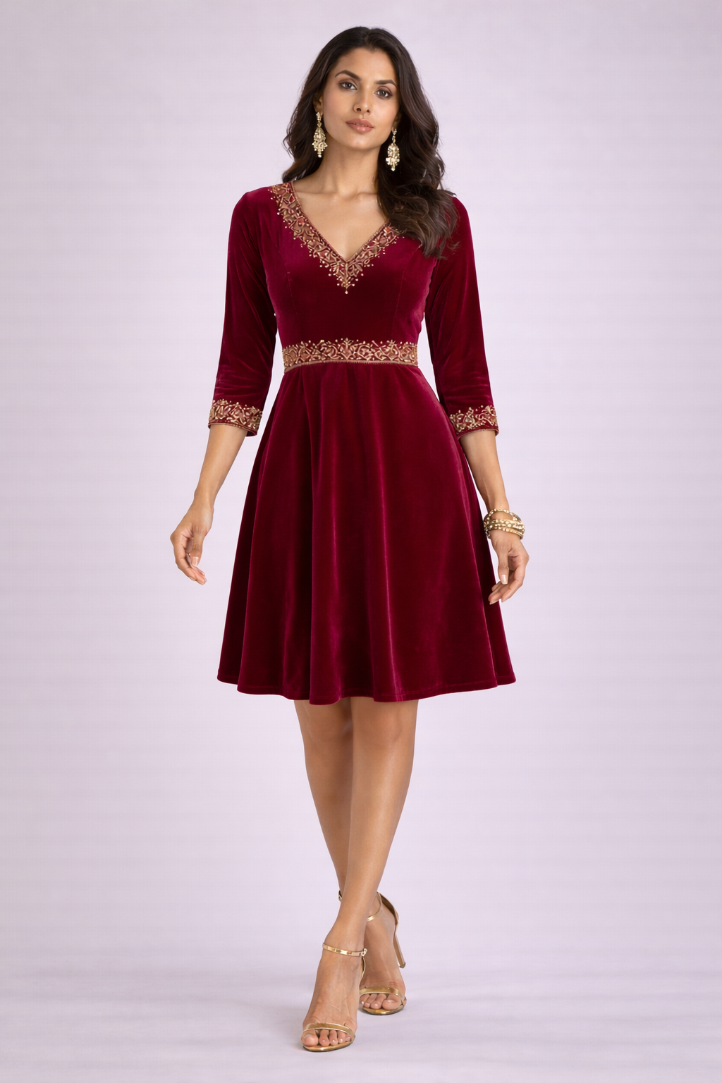 Maroon Velvet Embroidered Fit & Flare Dress – Luxury Western Midi