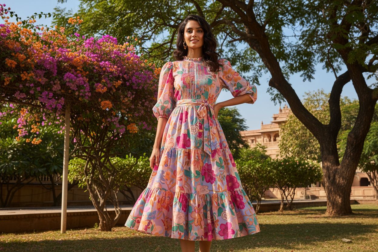 Model weaning summer midi dress for indian audience the background should be summer view. 