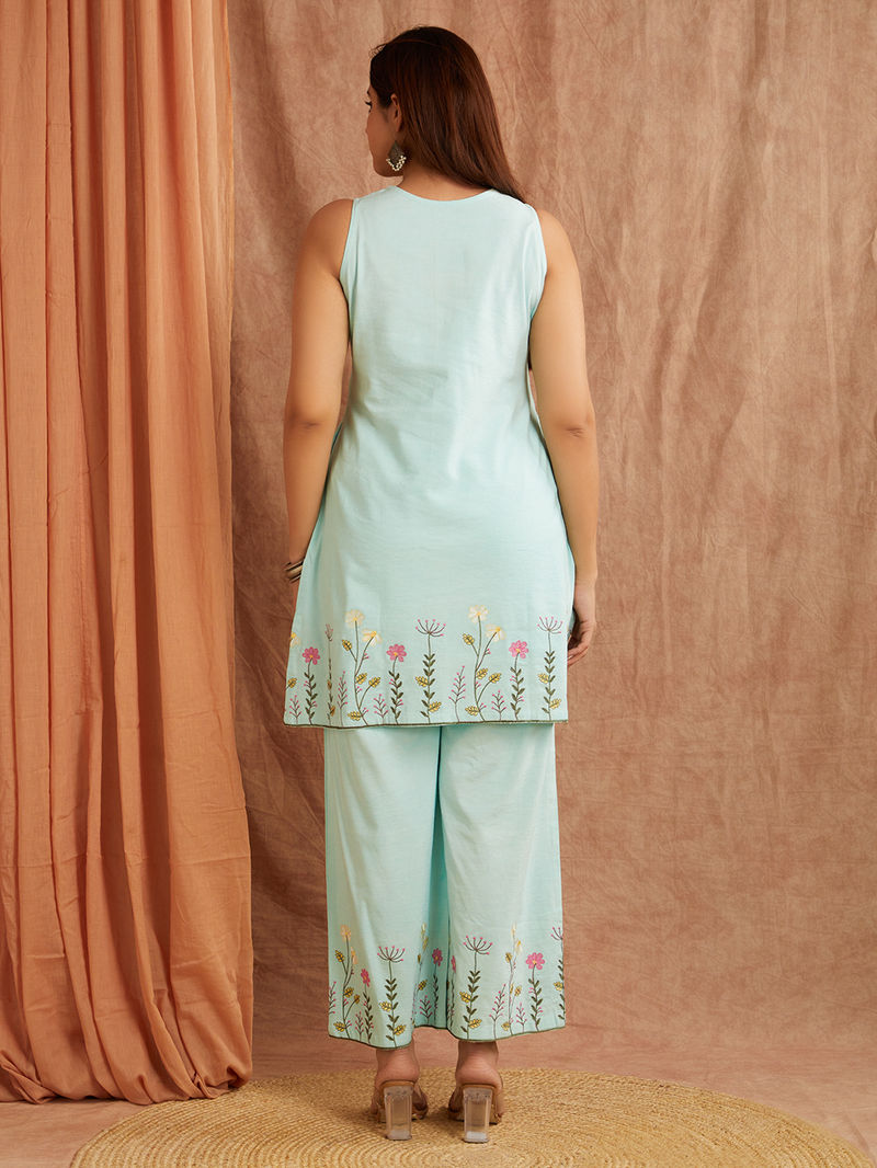 Blue Embroiderd Cotton Linen Kurta with Palazzo - Set of 2