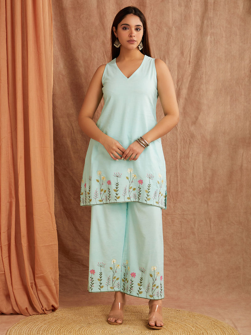 Blue Embroiderd Cotton Linen Kurta with Palazzo - Set of 2